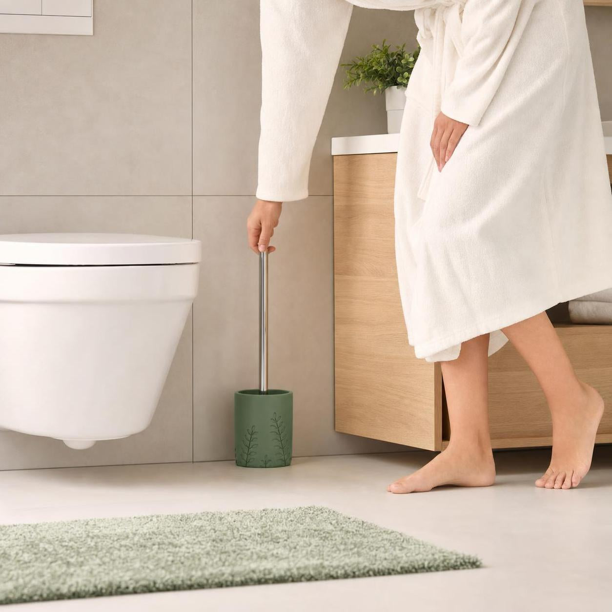 Eine Person im Bademantel greift zur grünen Toilettenbürste.
