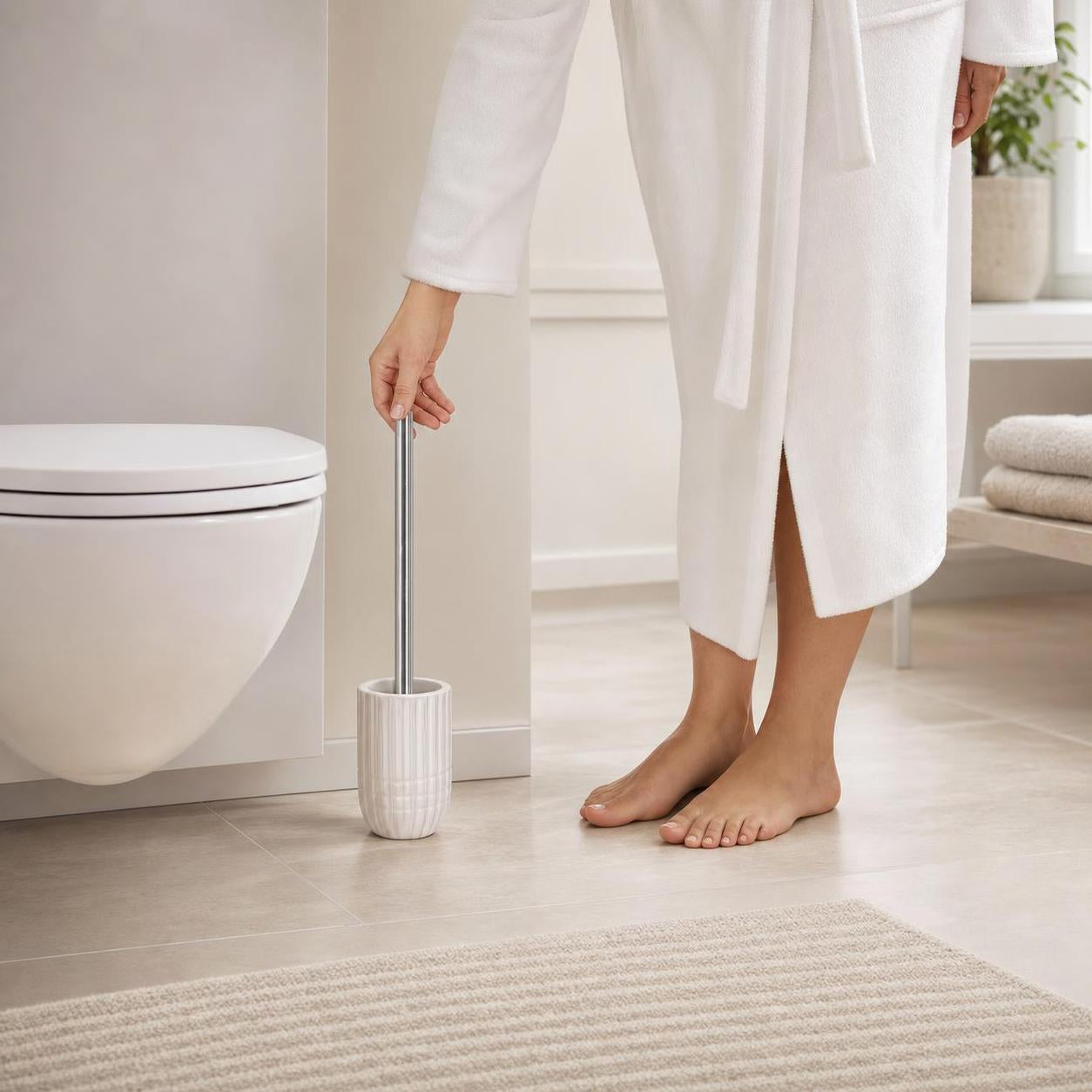 Eine weiße WC-Bürste im Keramikhalter steht neben der Toilette.