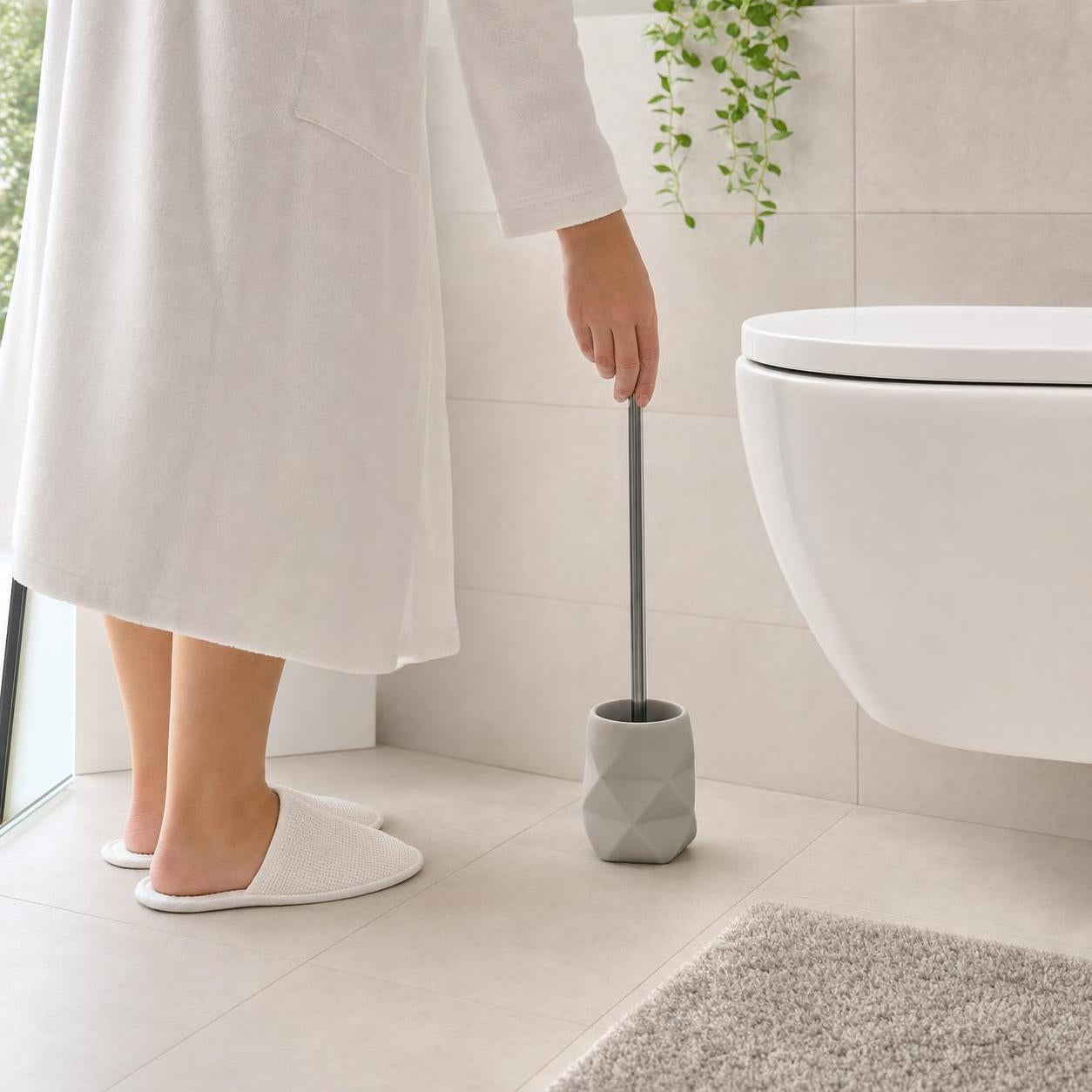 Eine graue WC-Bürste im Keramikhalter steht neben der Toilette.