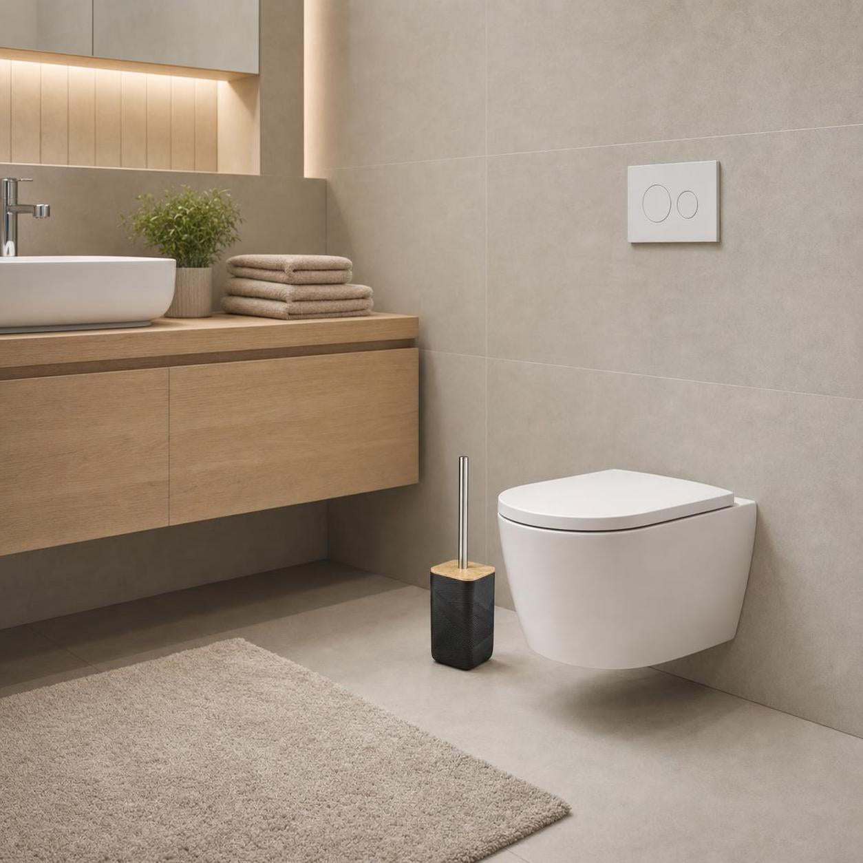 Schwarze WC-Bürstengarnitur mit Holzdeckel steht neben der Toilette.