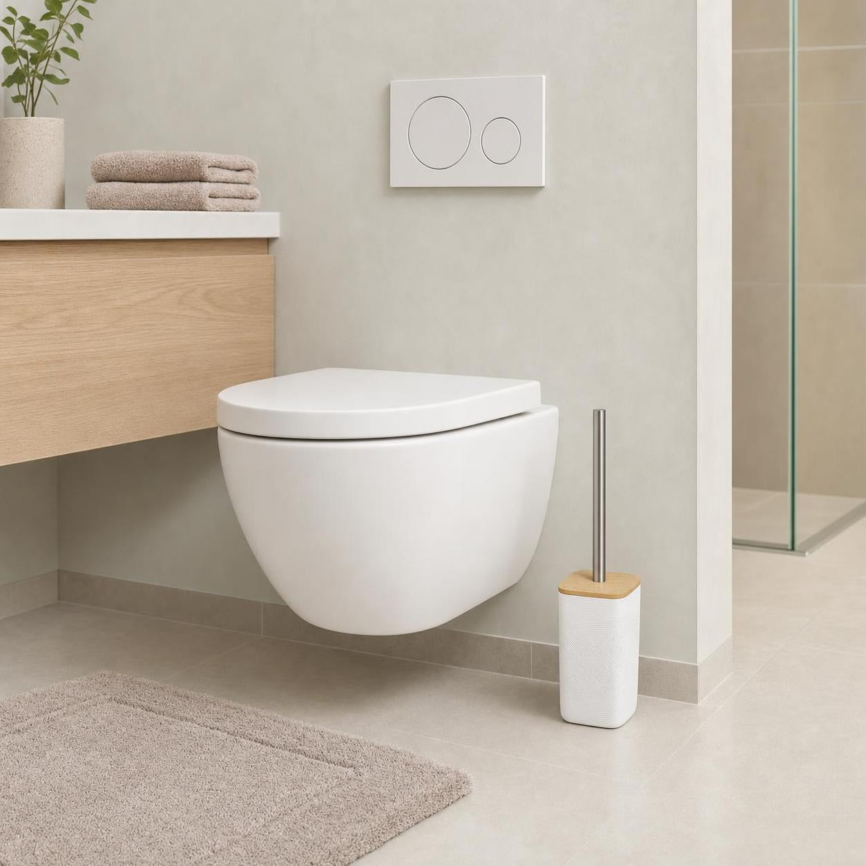 Weiße WC-Garnitur mit Holzdeckel steht neben wandhängender Toilette.