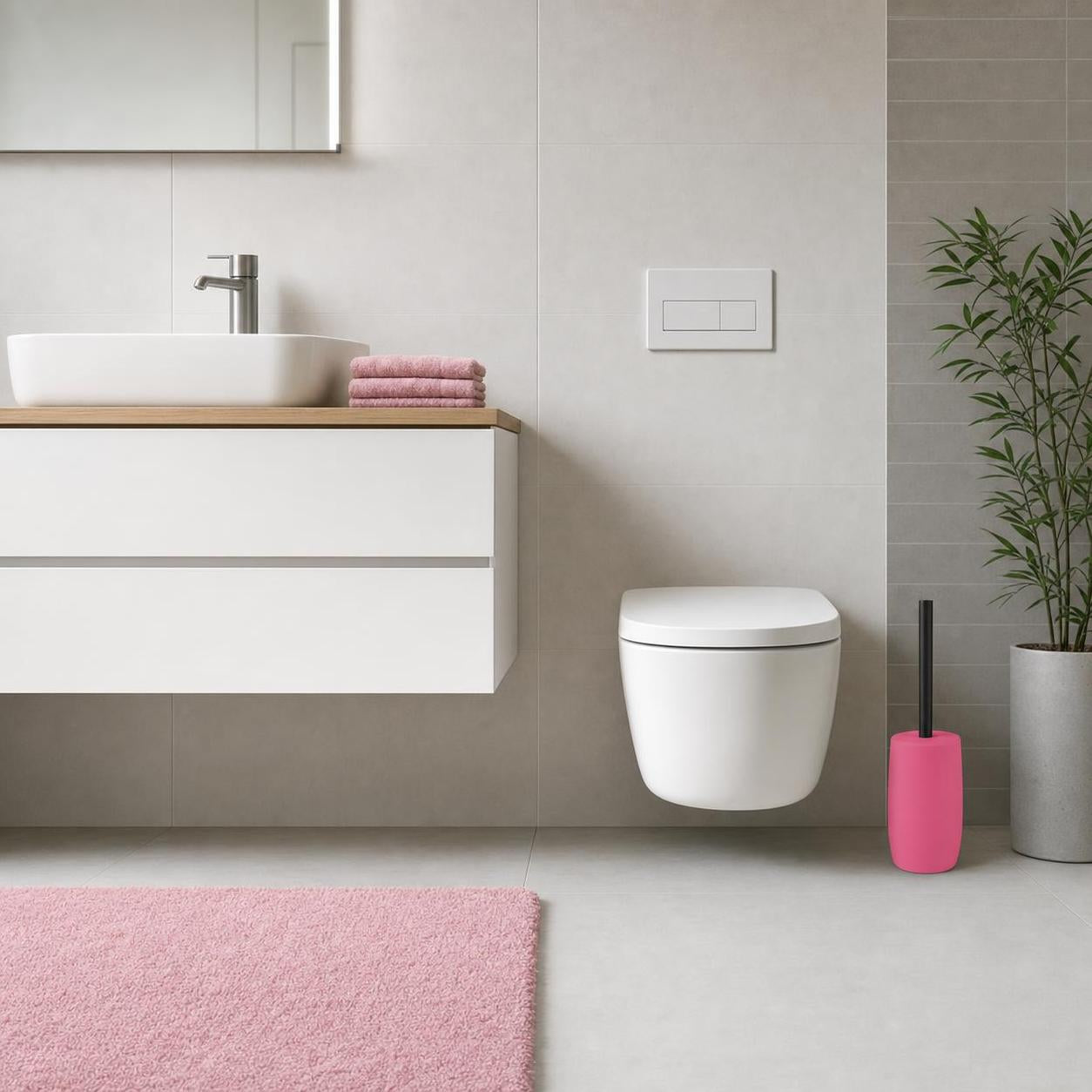 Rosa WC-Bürste steht neben der Toilette im modernen Bad.
