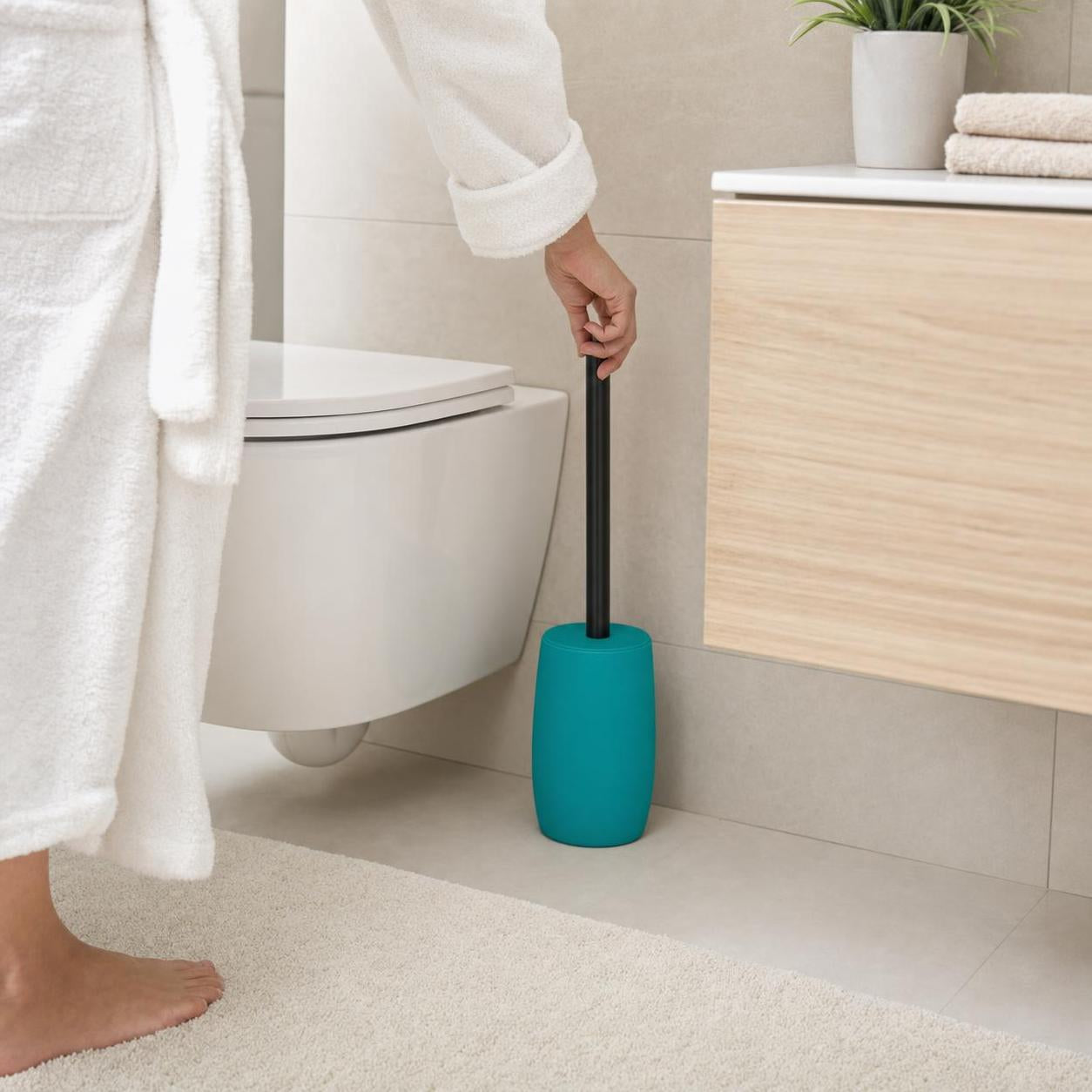 Eine türkisfarbene WC-Bürste steht neben der Toilette im Bad.