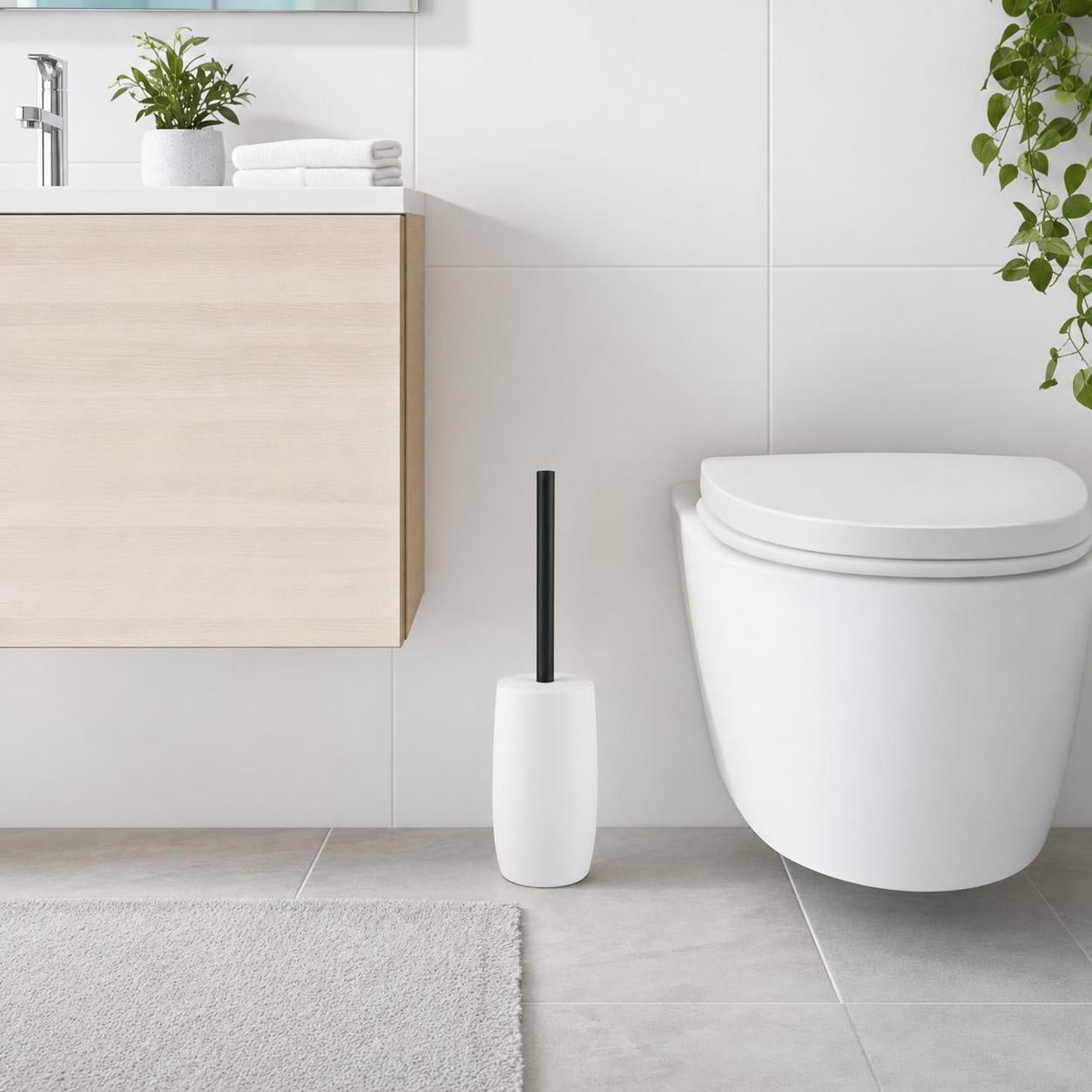 Weiße WC-Bürste mit schwarzem Griff steht neben der Toilette im Bad.