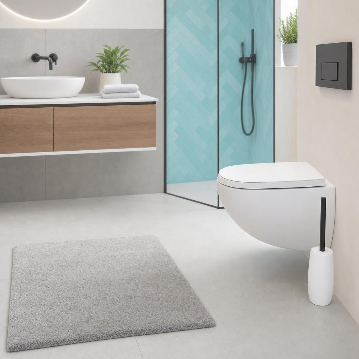 Grauer Badteppich liegt vor Waschbecken, Dusche und WC im modernen Bad.