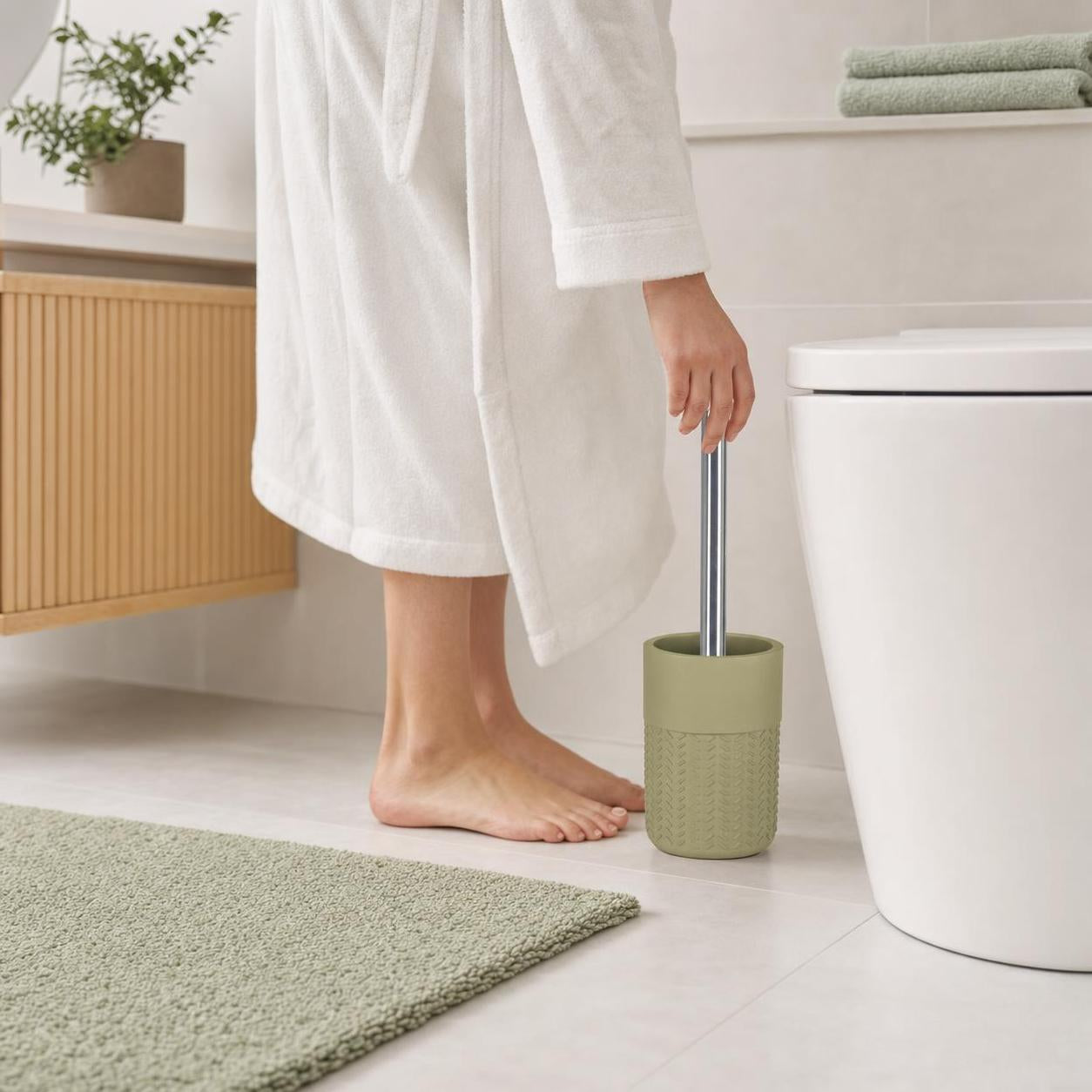 Eine grüne WC-Bürste steht neben der Toilette im hellen Bad.