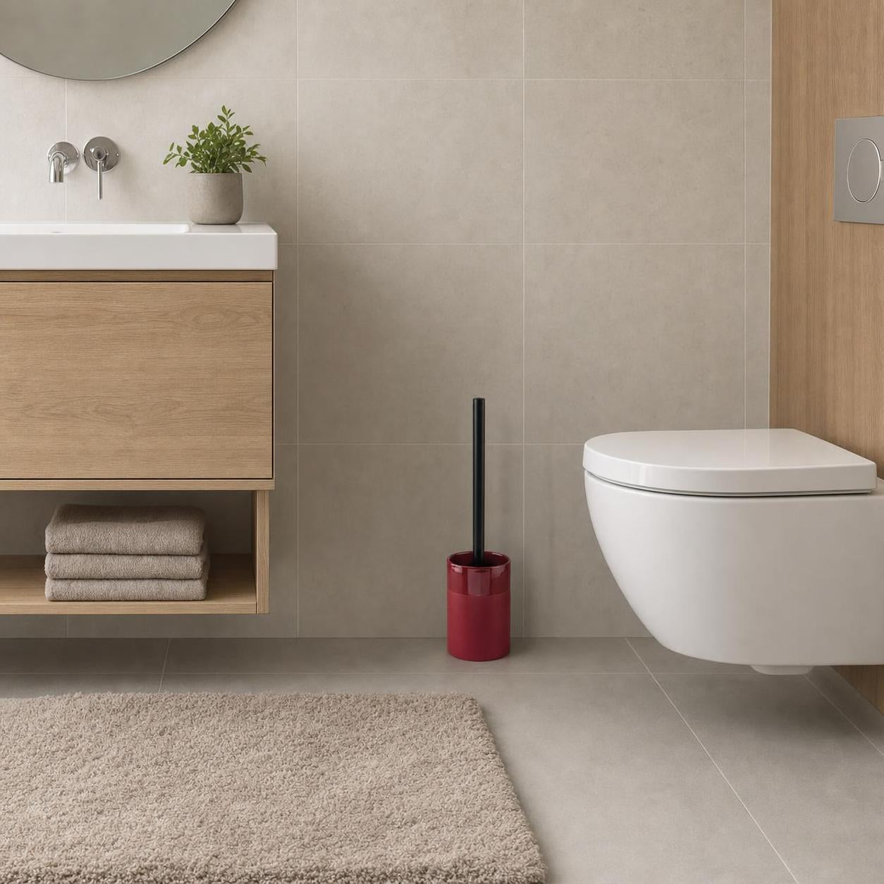 Ein roter WC-Bürstenhalter mit schwarzer Bürste steht neben der Toilette.