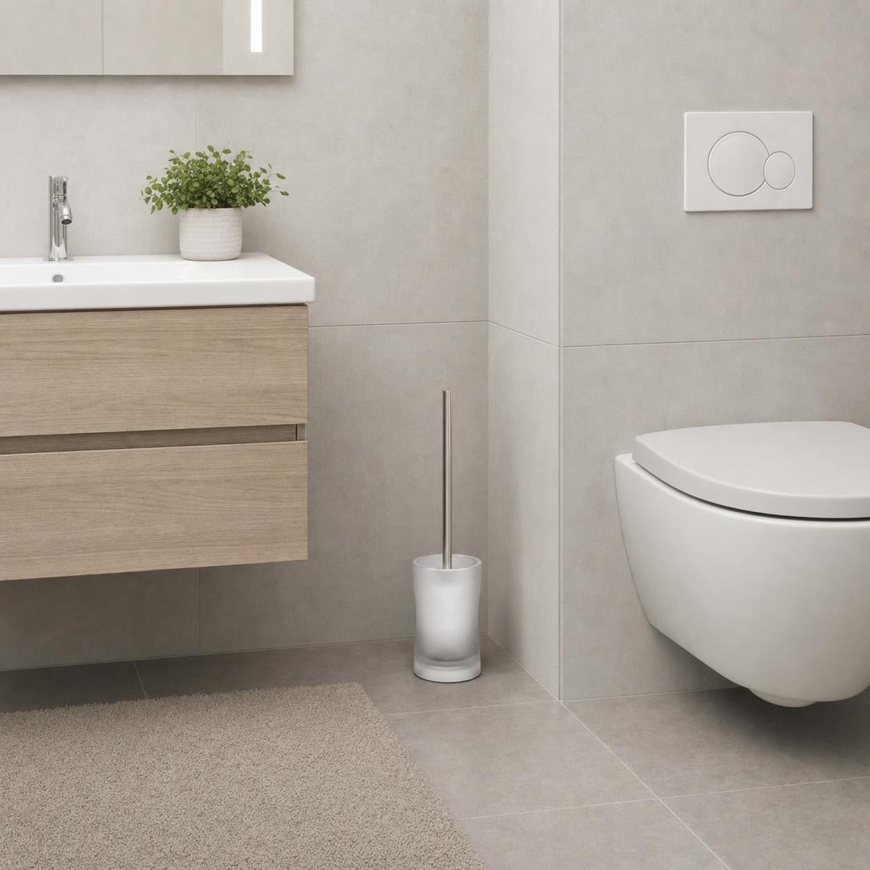 Eine WC-Bürste im Glasbehälter steht neben dem Wand-WC.