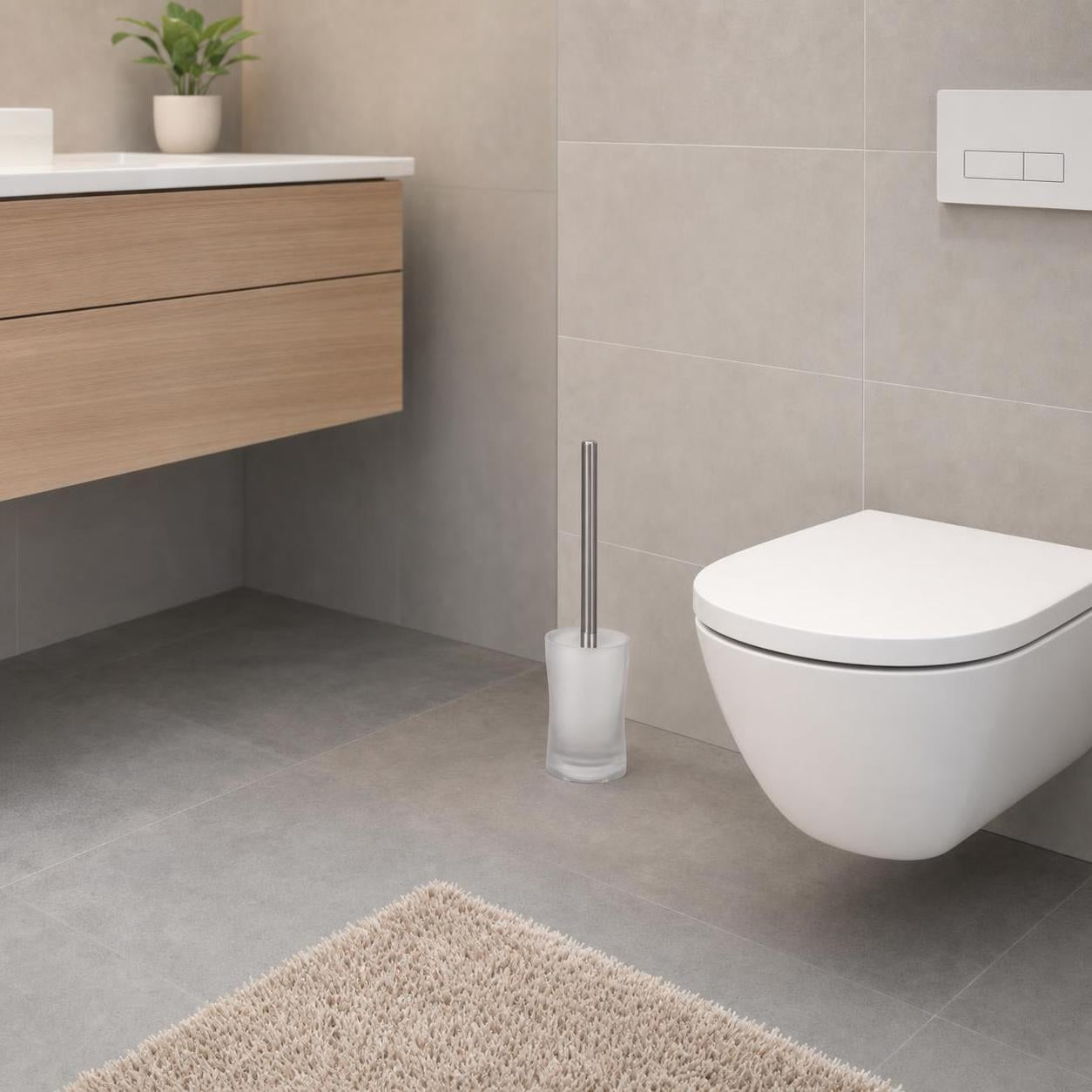 WC-Bürste im weißen Halter steht neben der Toilette im Bad.