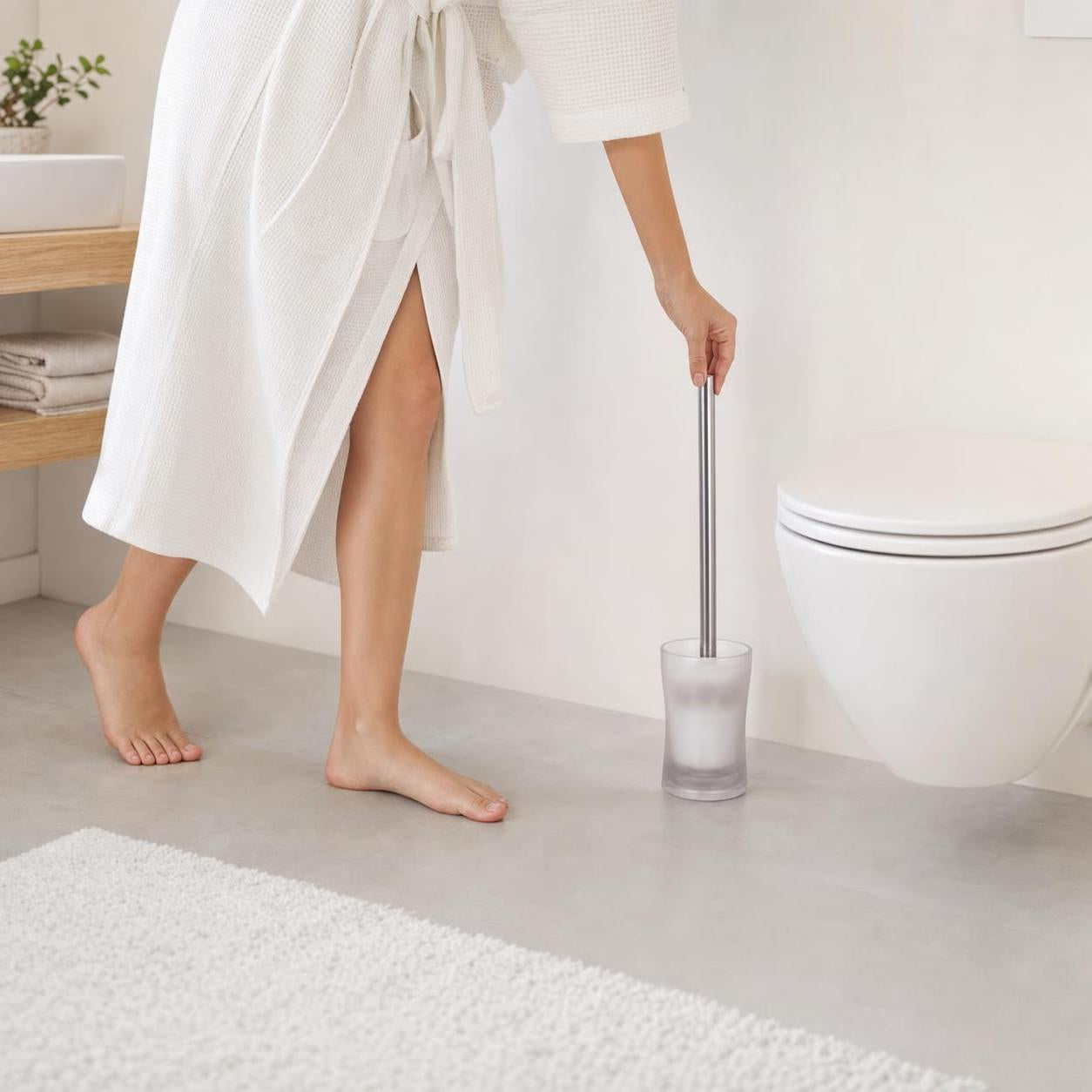 Eine WC-Bürste mit Glasbehälter steht neben der Toilette im Bad.