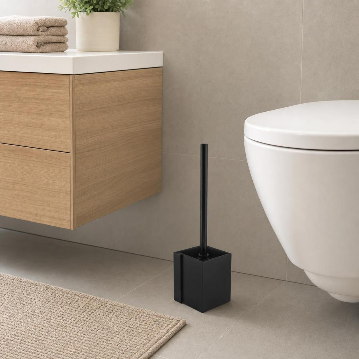Schwarze WC-Bürste steht neben einer weißen Toilette im modernen Bad.