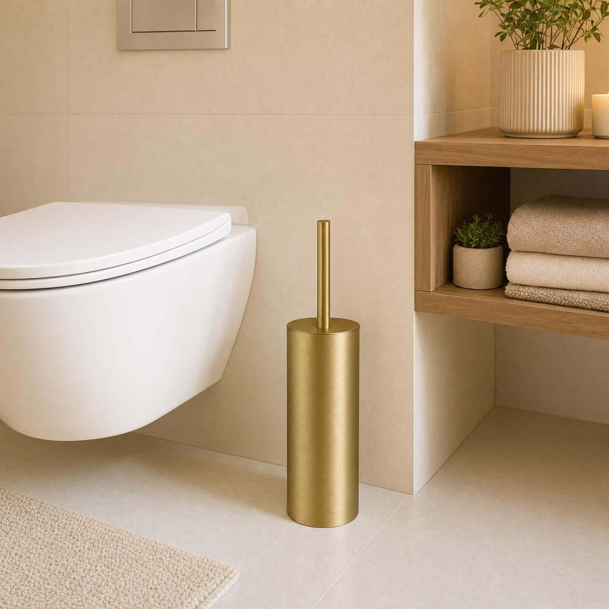 Goldfarbene WC-Bürste neben Wand-WC in modernem Bad mit Holzregal.