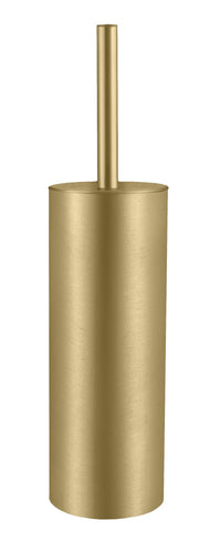 Goldfarbene WC-Bürste mit zylindrischem Behälter vor weißem Hintergrund.