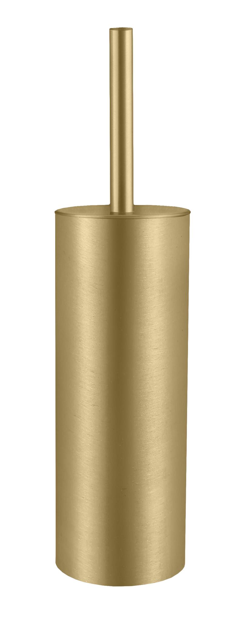 Goldfarbene WC-Bürste mit zylindrischem Behälter vor weißem Hintergrund.