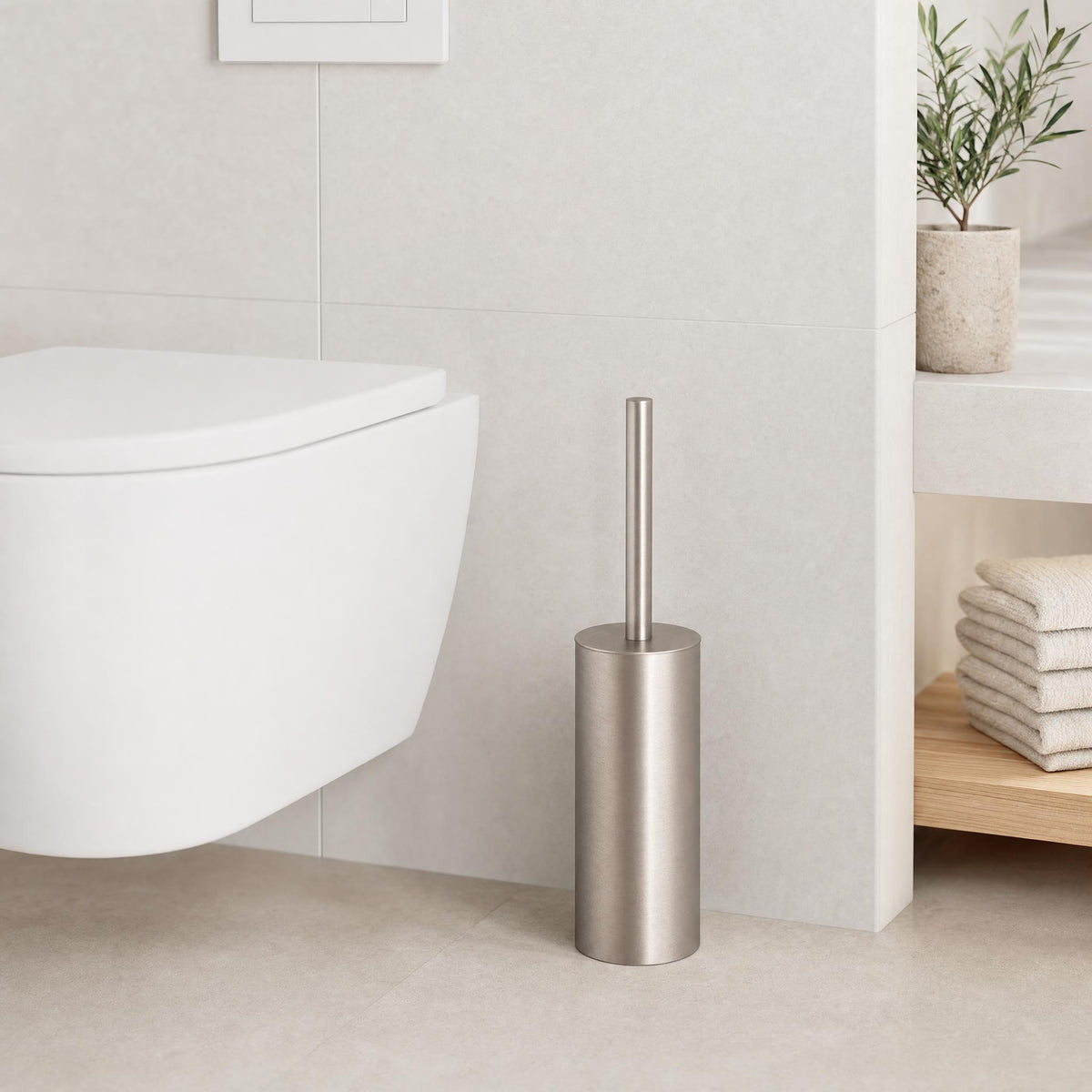 Silberfarbene WC-Bürste neben Wand-WC in modernem Bad mit Handtüchern.