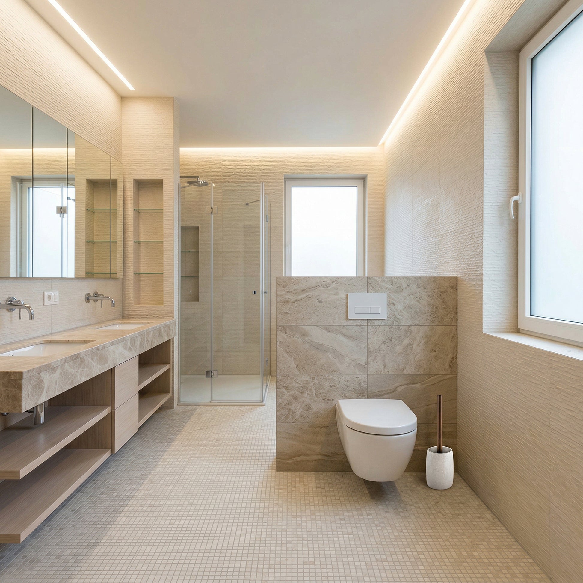 Modernes Badezimmer mit beiger Dusche, Waschtisch und Wand-WC aus Stein