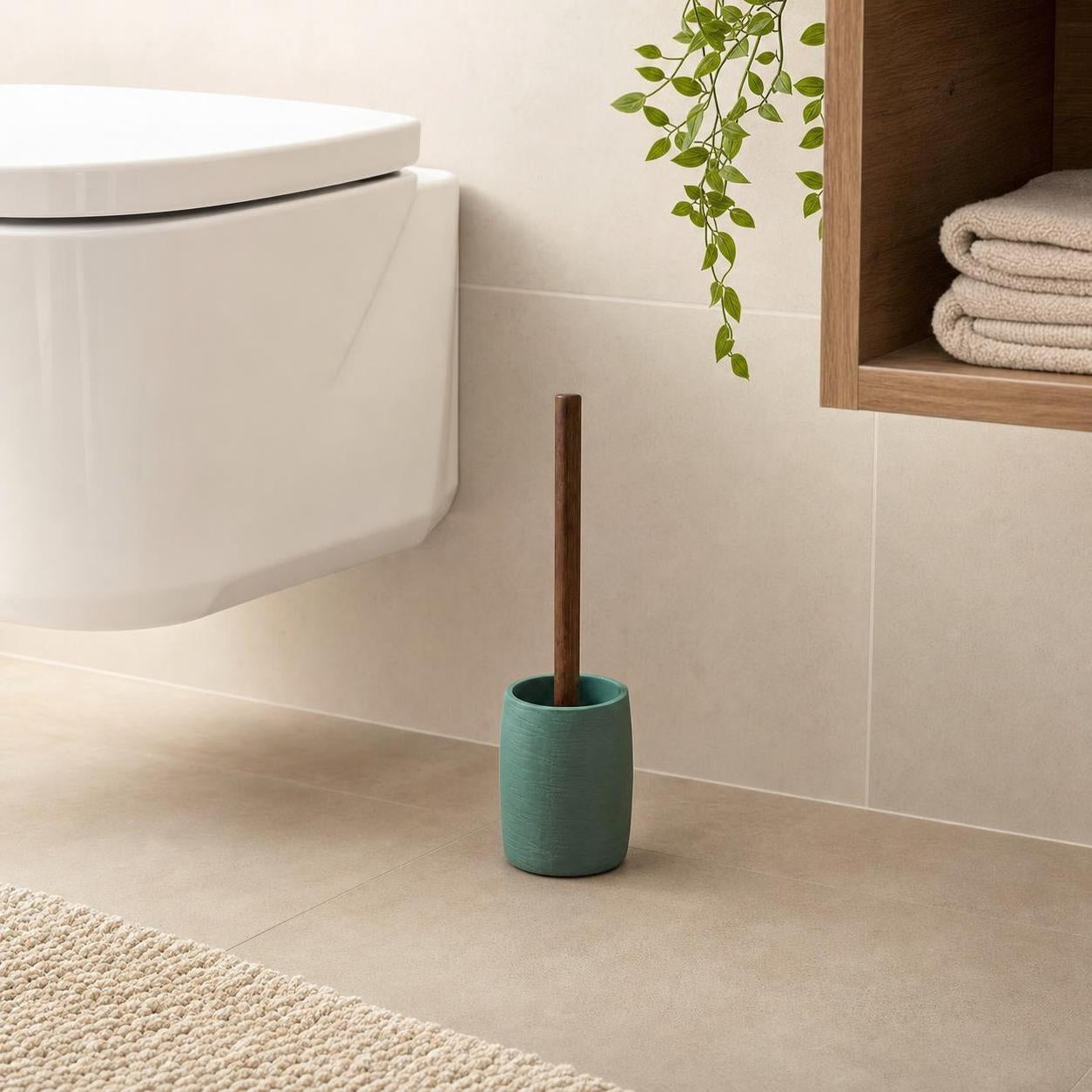 Eine Toilettenbürste mit türkisfarbenem Halter steht im modernen Bad.