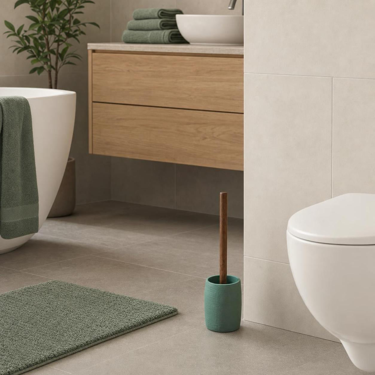Grüne WC-Bürste mit Holzgriff steht neben der Toilette im Bad.
