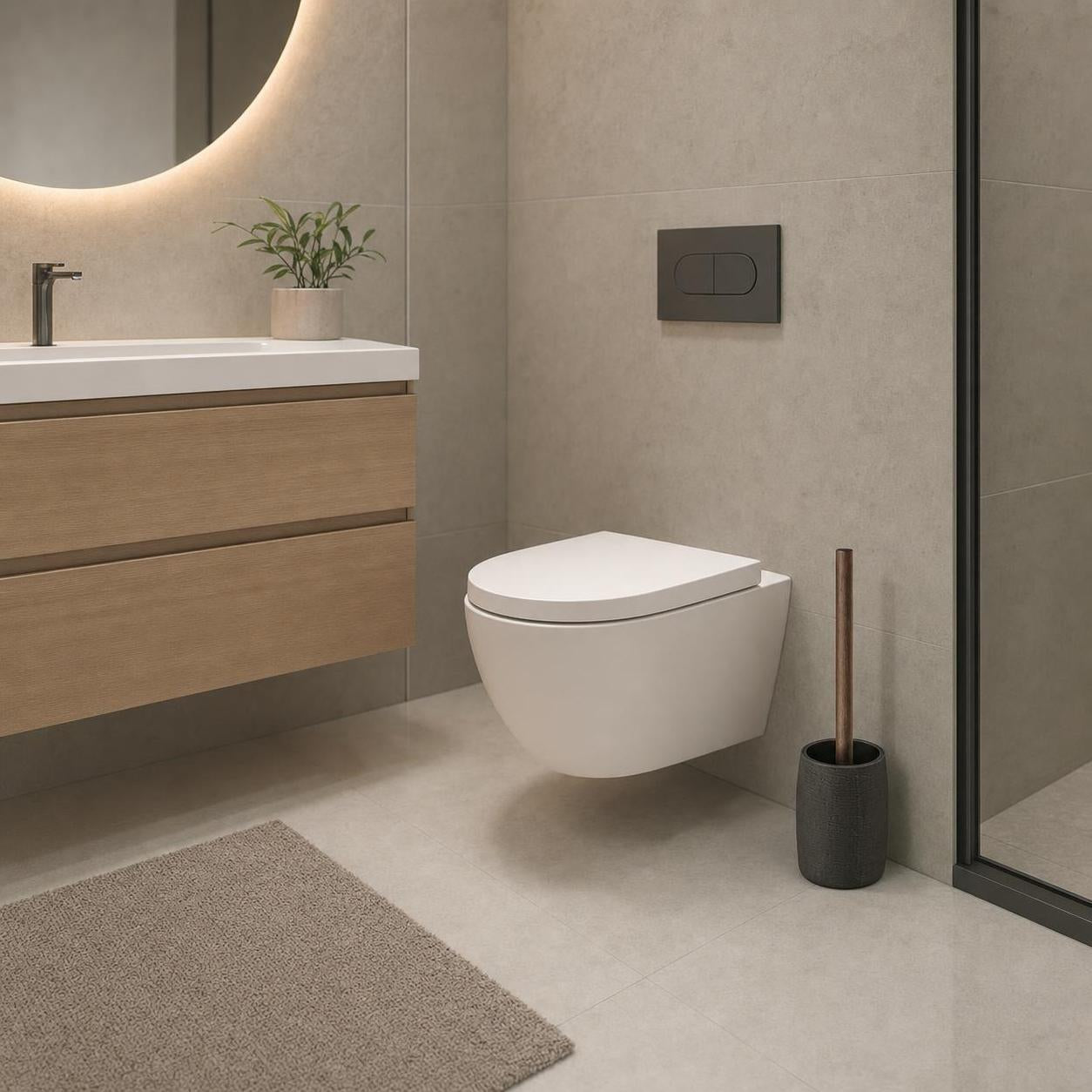Eine WC-Bürste im grauen Halter steht neben dem weißen Wand-WC.