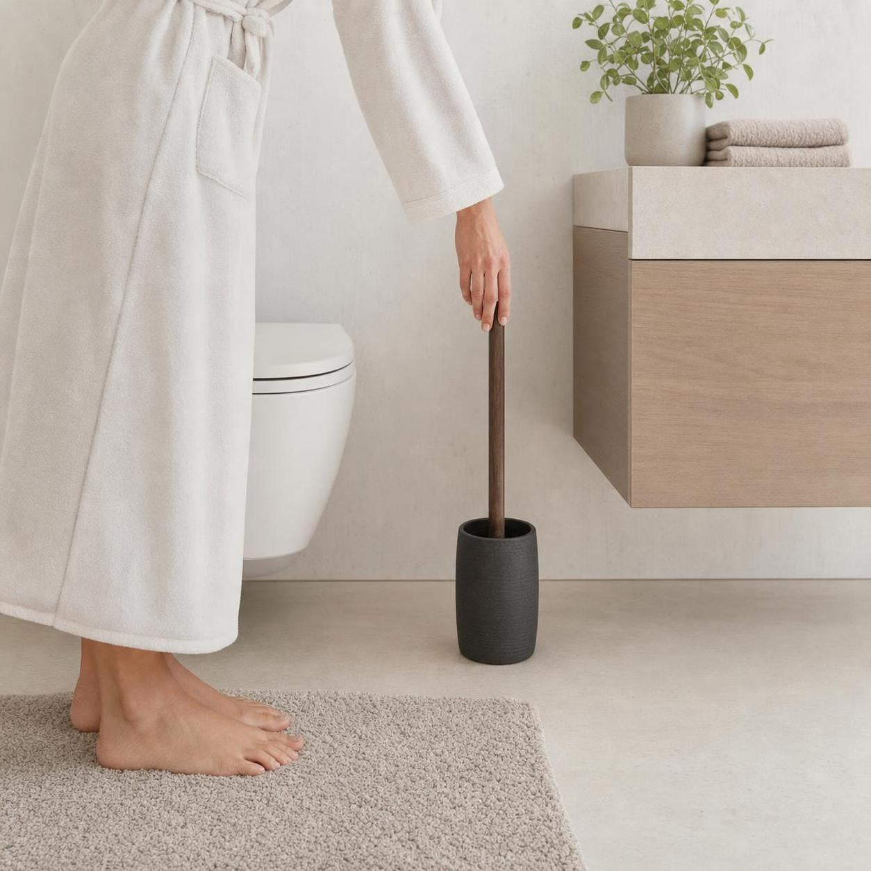 Eine WC-Bürste mit Holzgriff steht im dunklen Halter neben der Toilette.