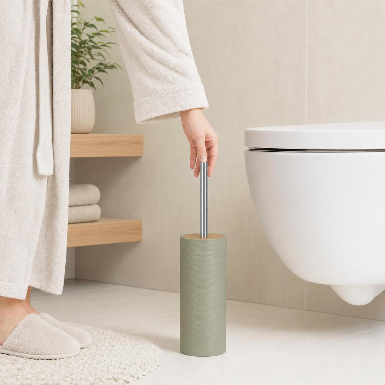 Eine Hand greift zur WC-Bürste im grünen Halter neben der Toilette.