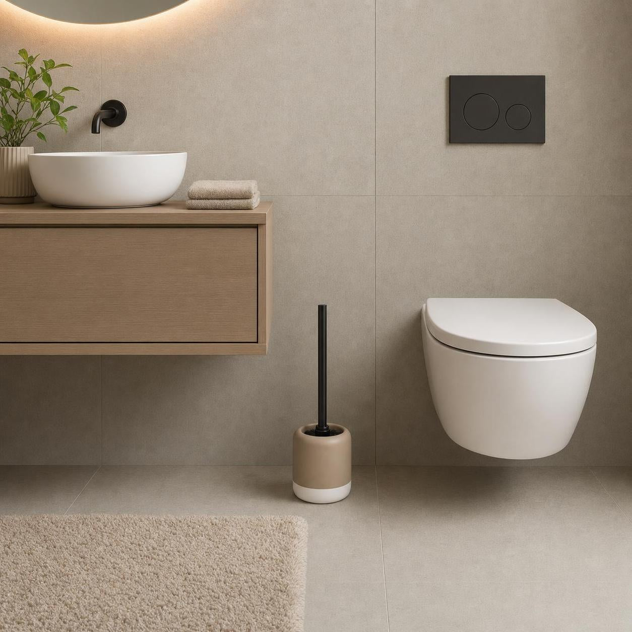 Ein beiger WC-Bürstenhalter mit schwarzer Bürste steht neben dem WC.