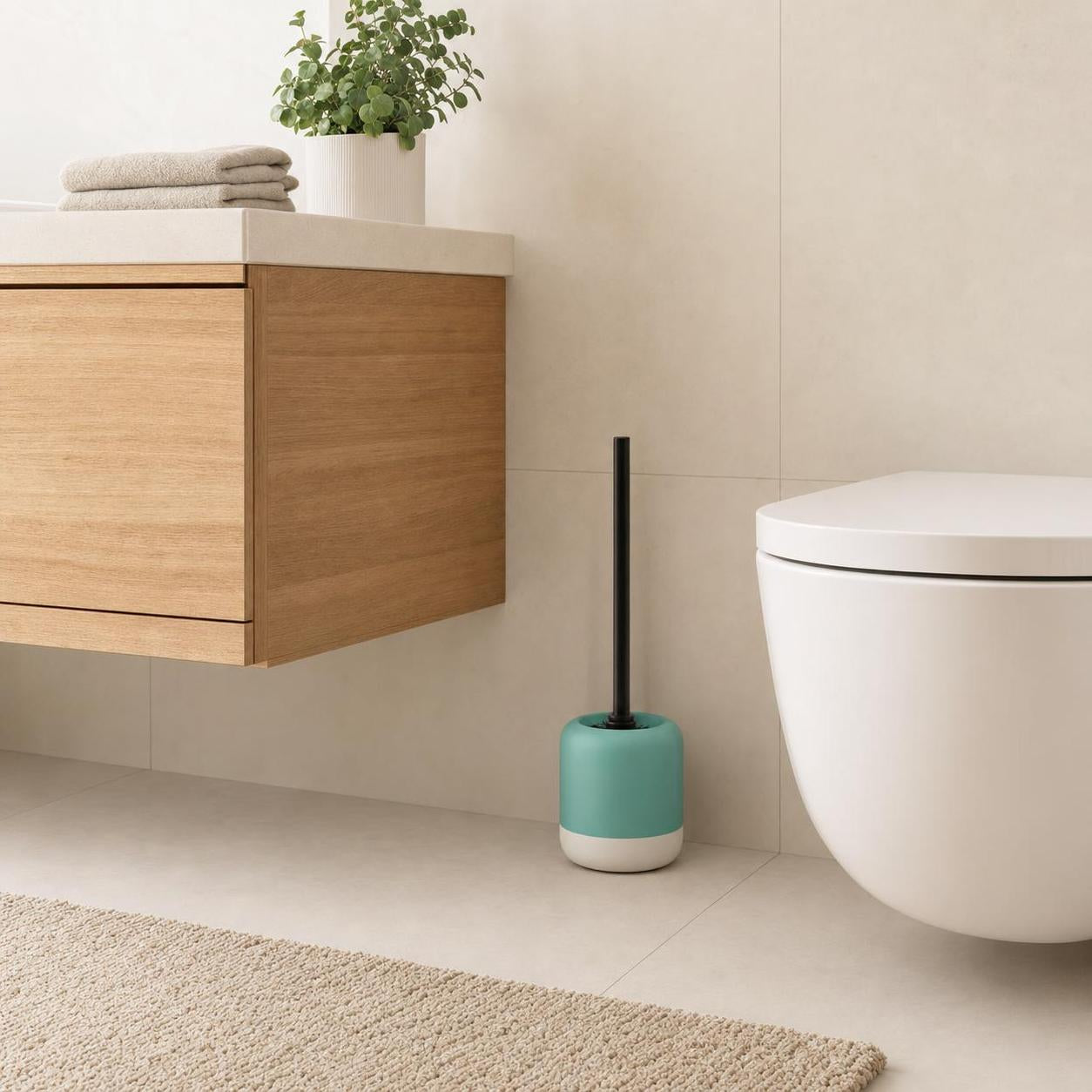 Eine türkis-weiße WC-Bürste steht neben der Toilette im Bad.