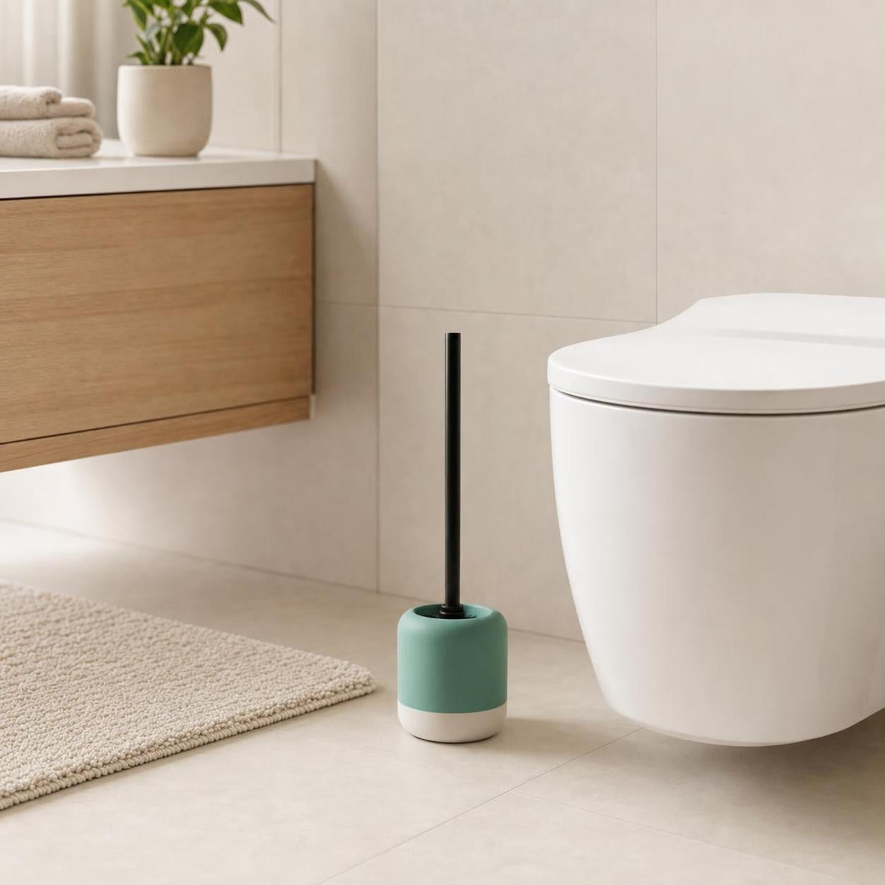 Eine WC-Bürste mit türkis-weißem Halter steht neben der Toilette.