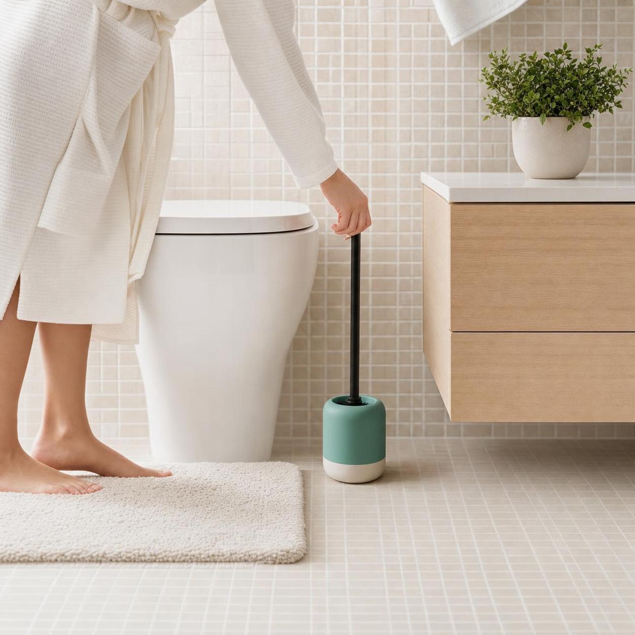 Eine grüne WC-Bürste steht neben der Toilette im hellen Bad.