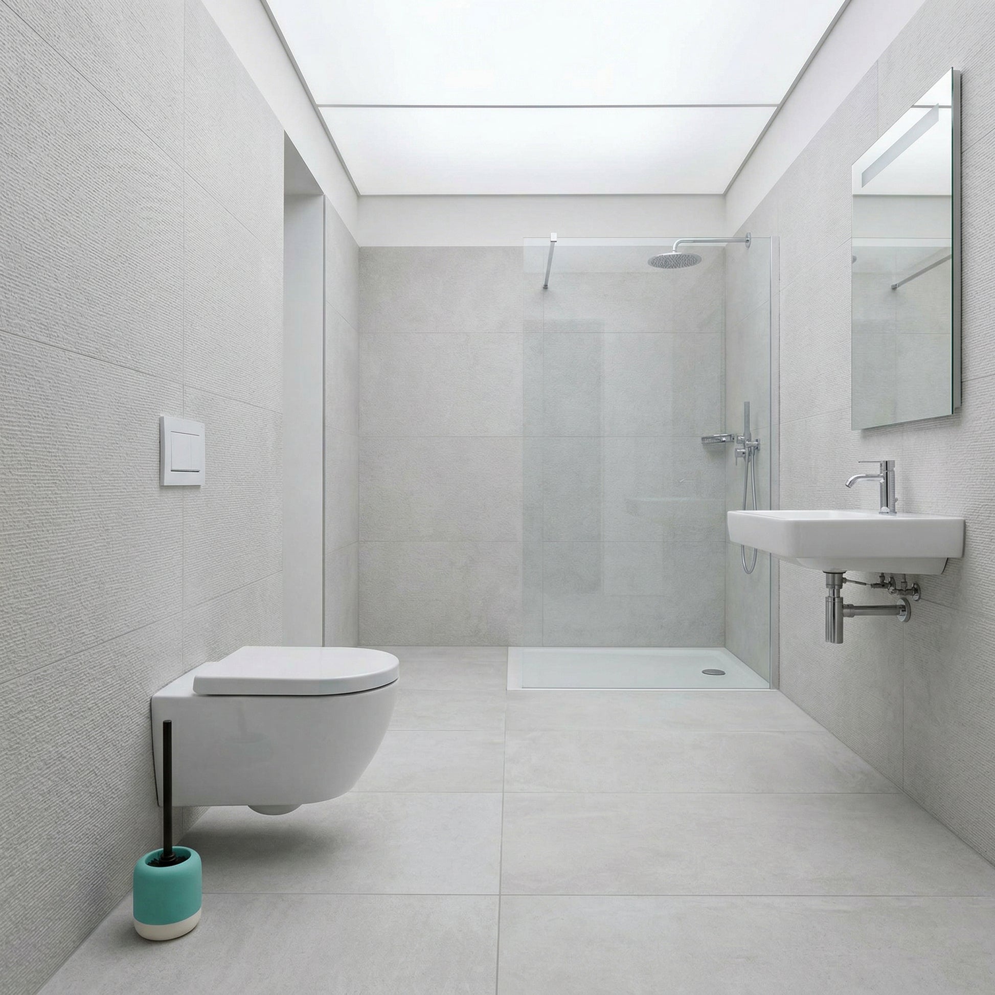 Modernes, helles Bad mit Wand-WC, Dusche, Waschbecken und Spiegel