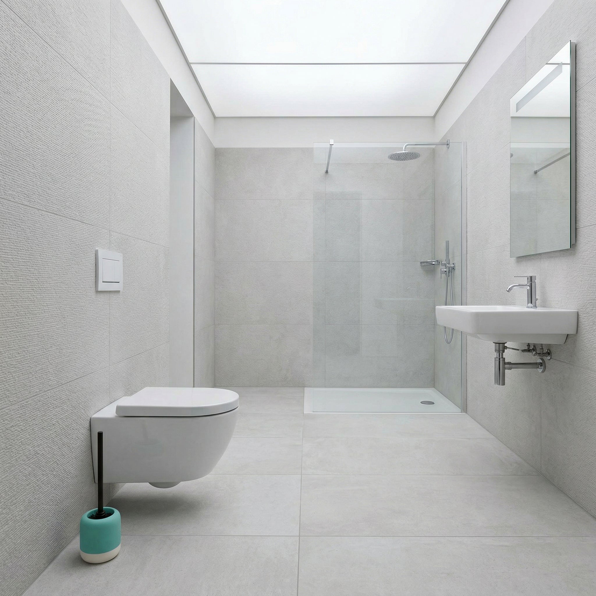 Modernes, helles Bad mit Wand-WC, Dusche, Waschbecken und Spiegel