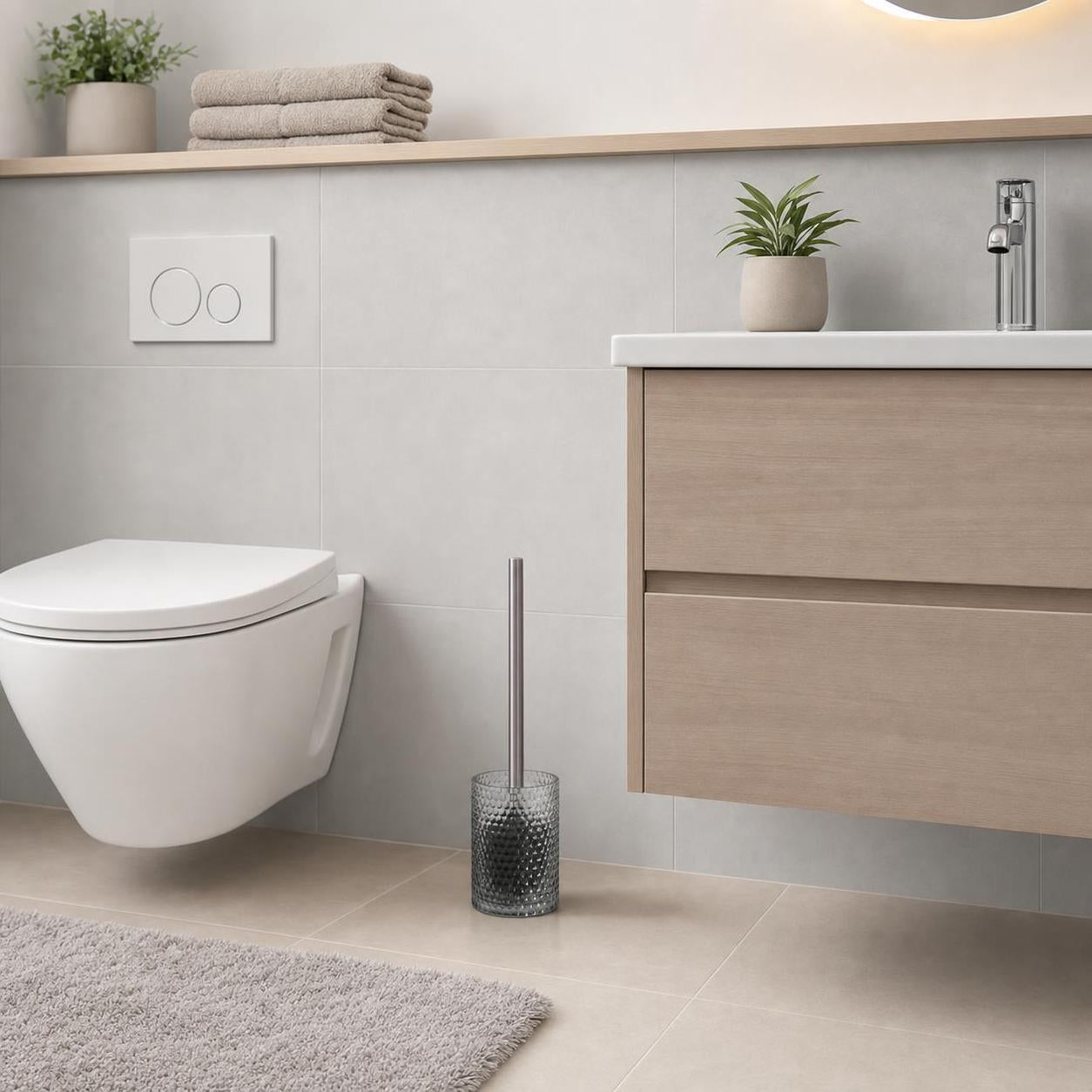 Ein grauer WC-Bürstenhalter steht neben Toilette und Waschtisch.