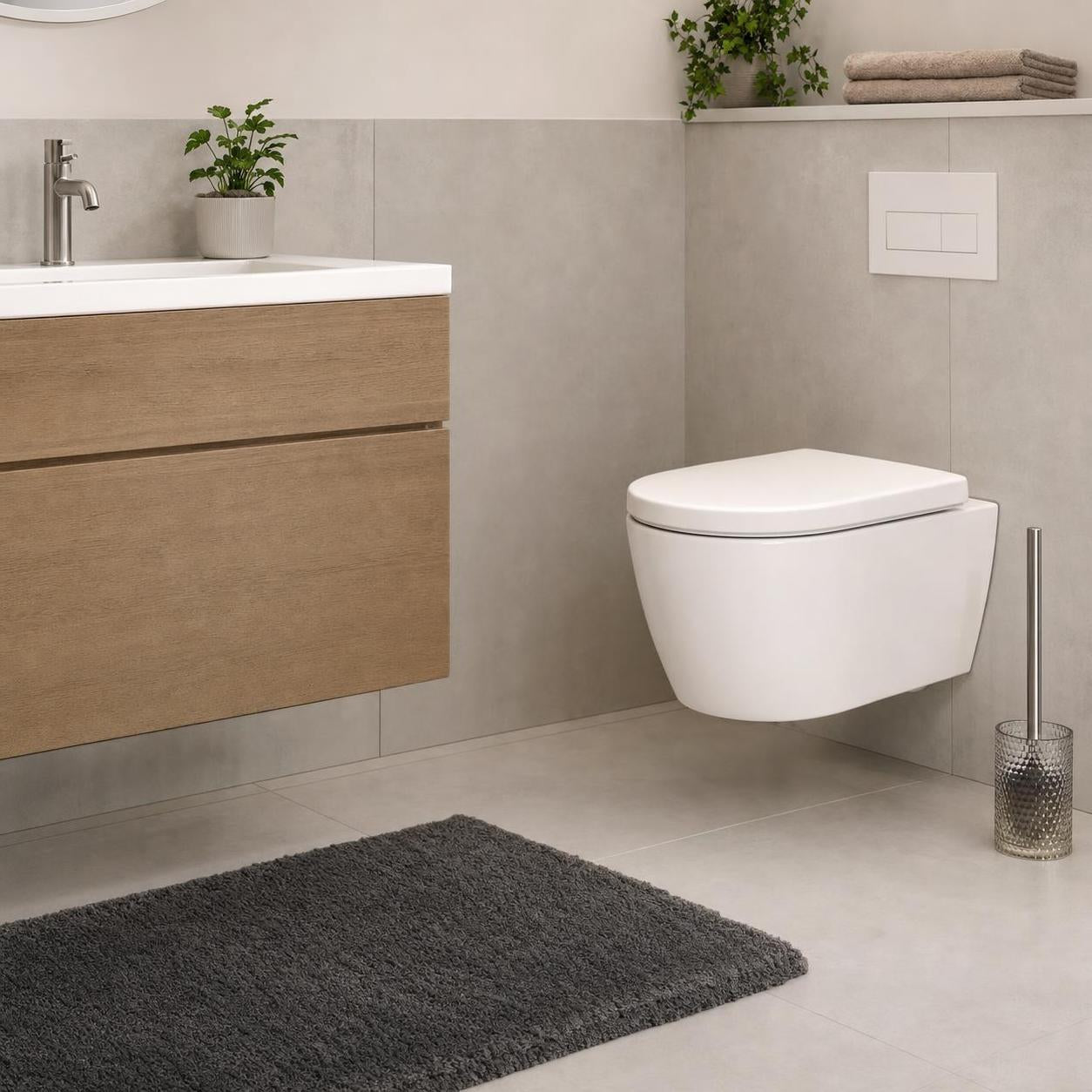 Weiße Wandtoilette in modernem Bad mit Holzwaschtisch und grauem Teppich.