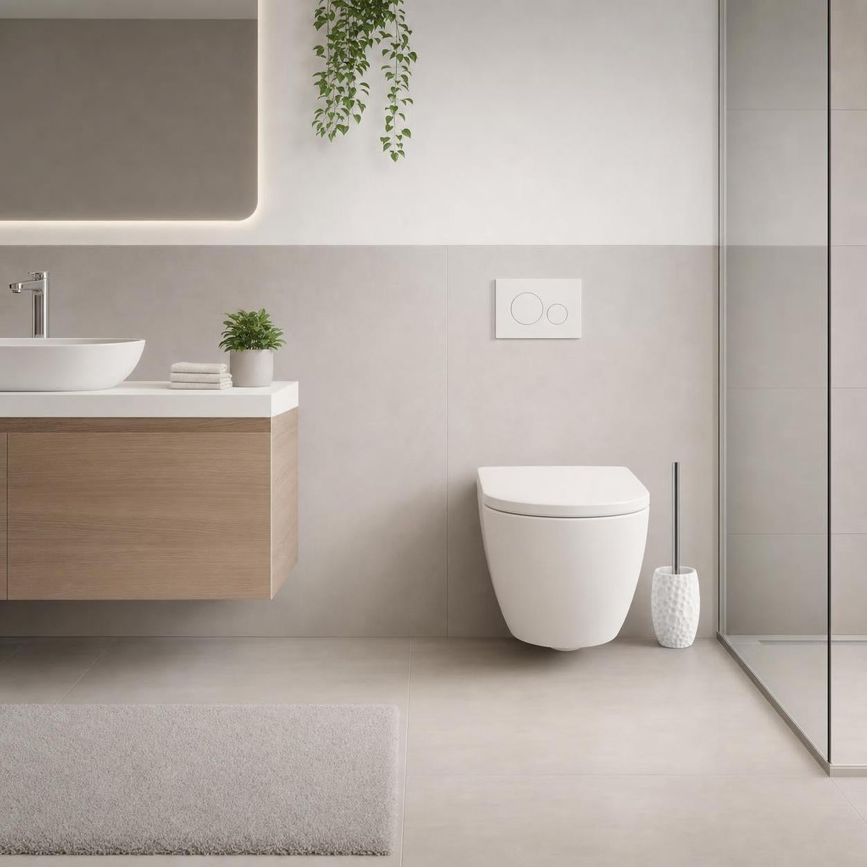 Ein wandhängendes WC mit weißer Betätigungsplatte im modernen Bad.