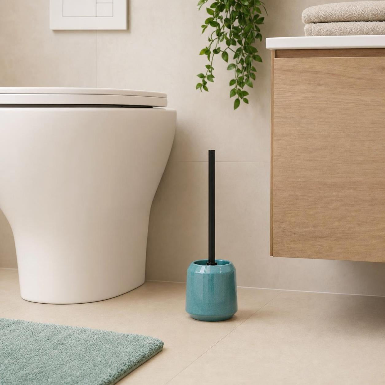 Eine türkise WC-Bürstengarnitur steht neben der Toilette.