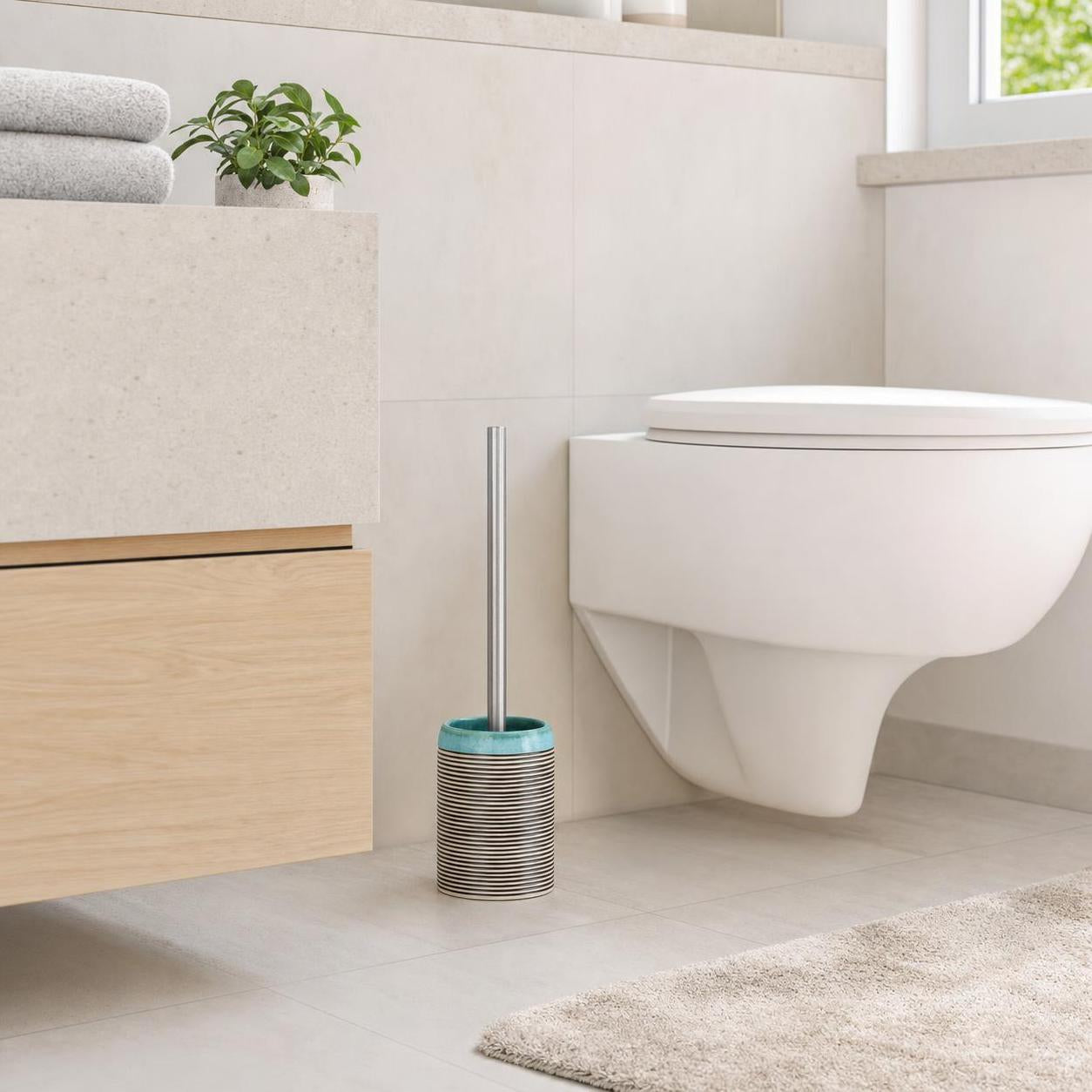 Eine WC-Bürste im gestreiften Halter steht neben der Toilette.
