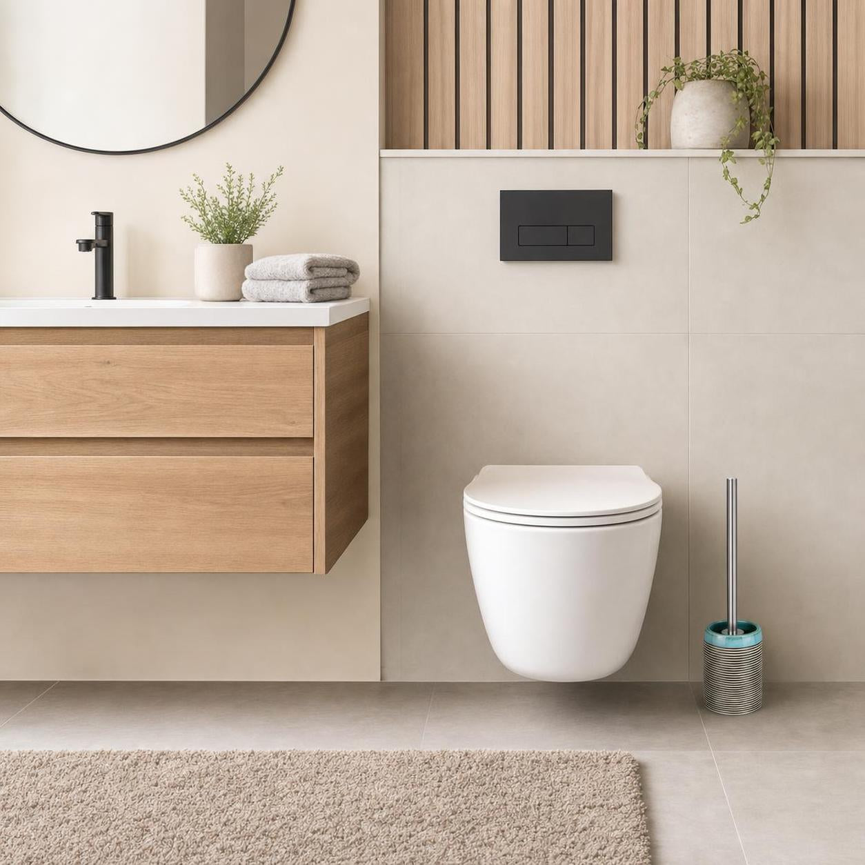 Eine WC-Bürste im türkis gestreiften Halter steht neben dem Wand-WC.