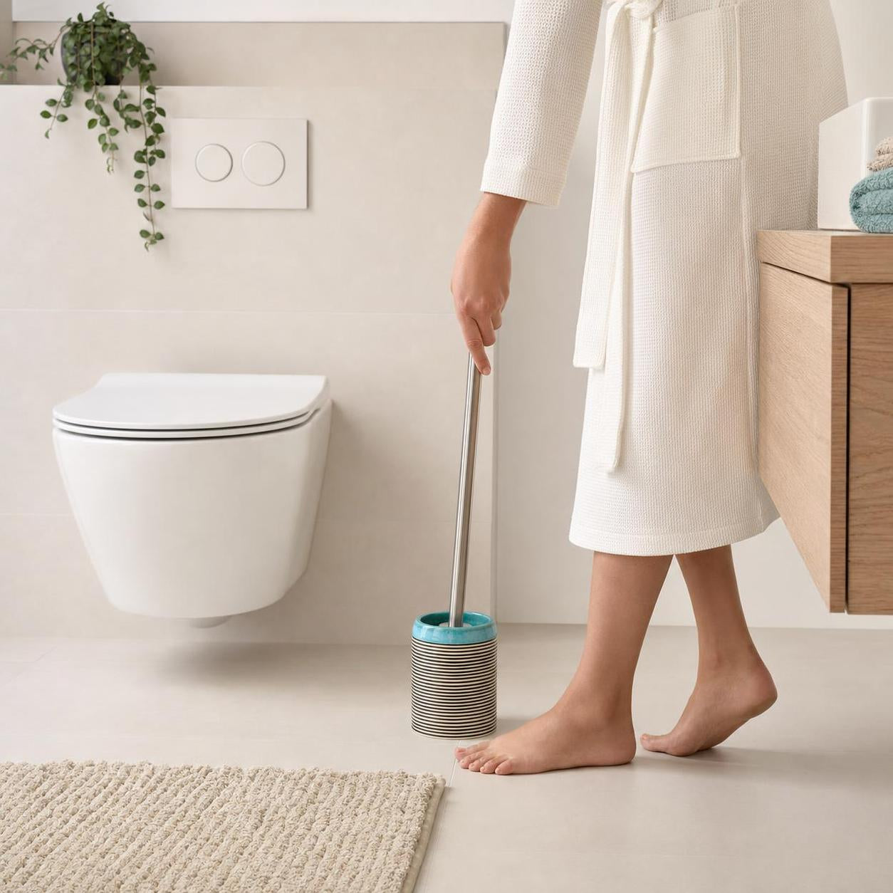 Eine Person hält eine WC-Bürste in einem hellen Badezimmer.
