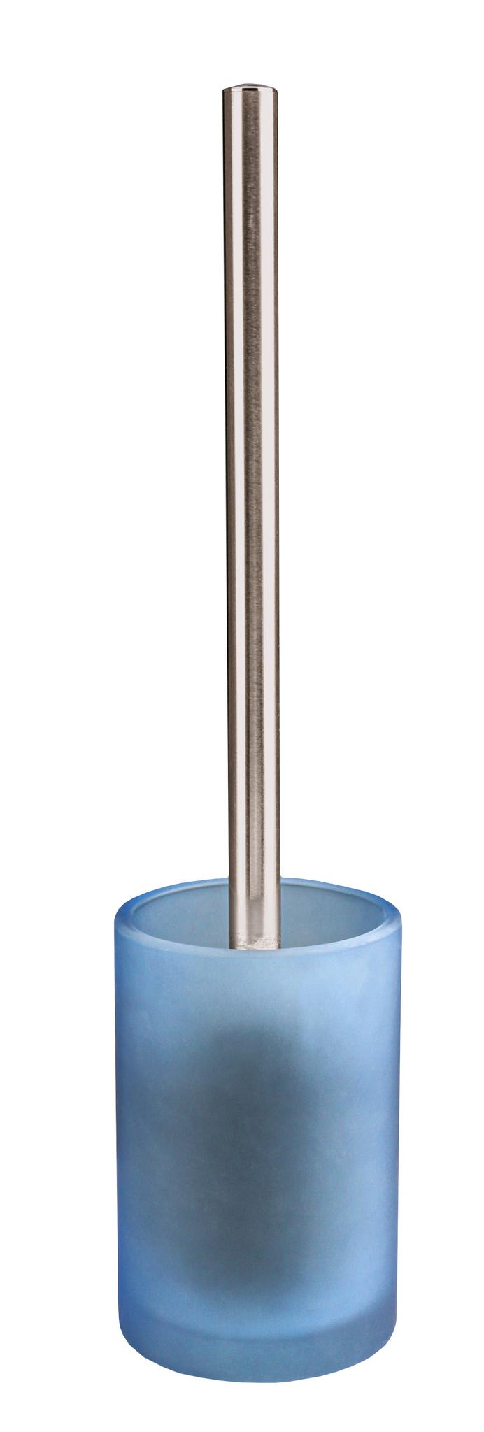 Blaue WC-Bürste mit Metallgriff in mattem Becher vor weißem Hintergrund.