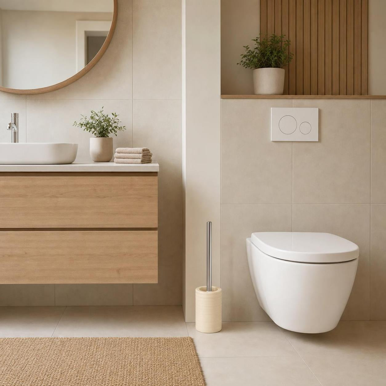 Beige WC-Bürste steht neben der Toilette im modernen Bad.