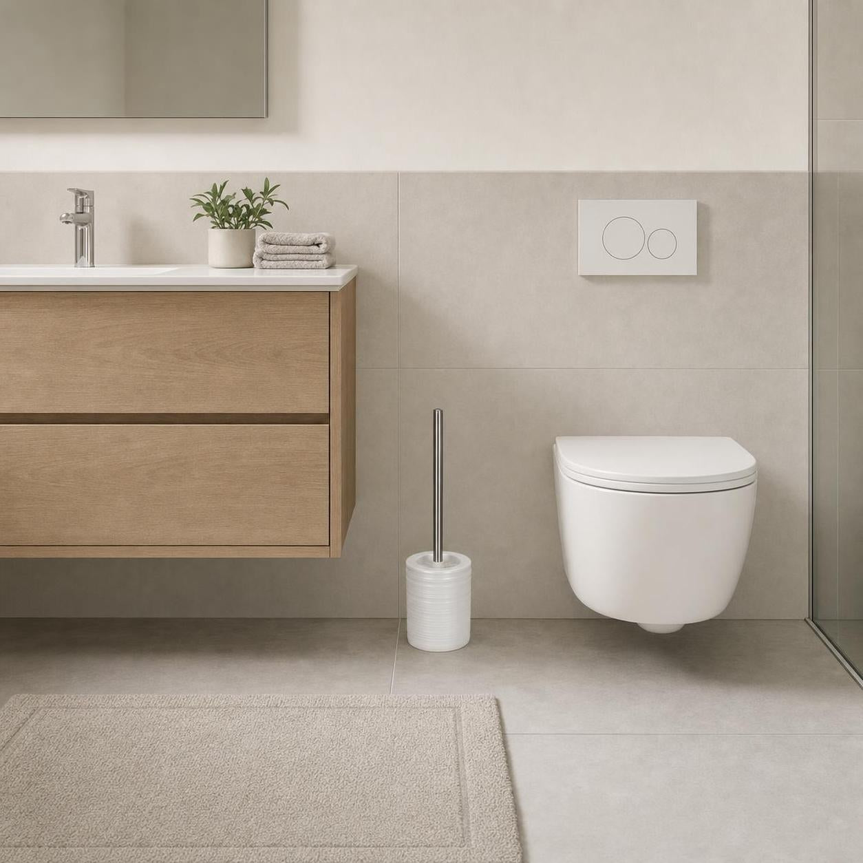 Weiße WC-Bürste steht neben wandhängender Toilette im modernen Bad.