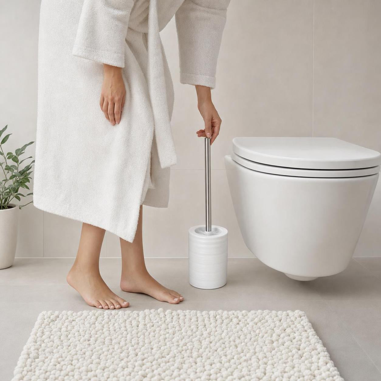 Eine WC-Bürste mit weißem Halter steht neben der Toilette.
