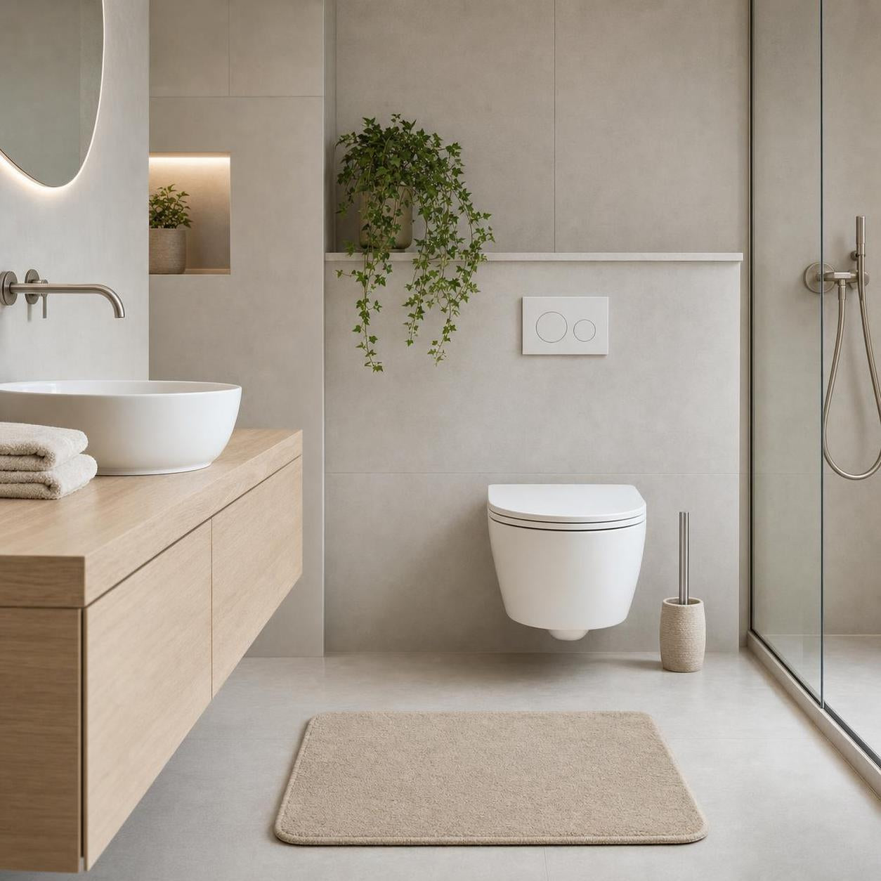 Eine beige Badematte liegt vor der Toilette im modernen Bad.