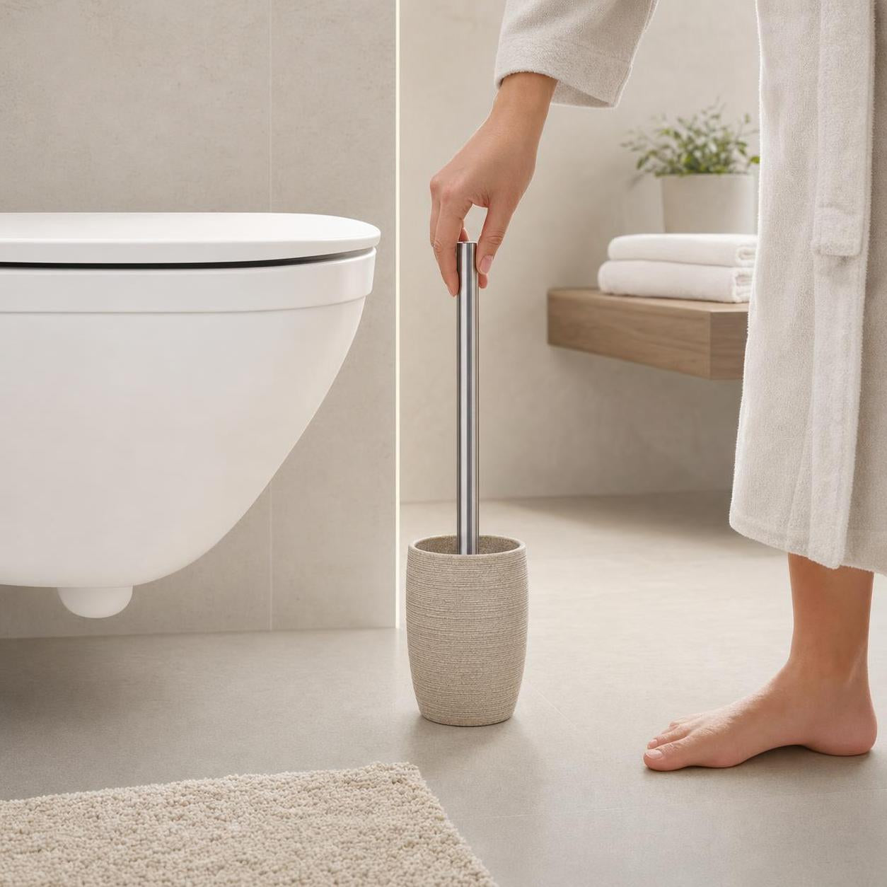 Eine Hand greift zur WC-Bürste im beigen Halter neben der Toilette.