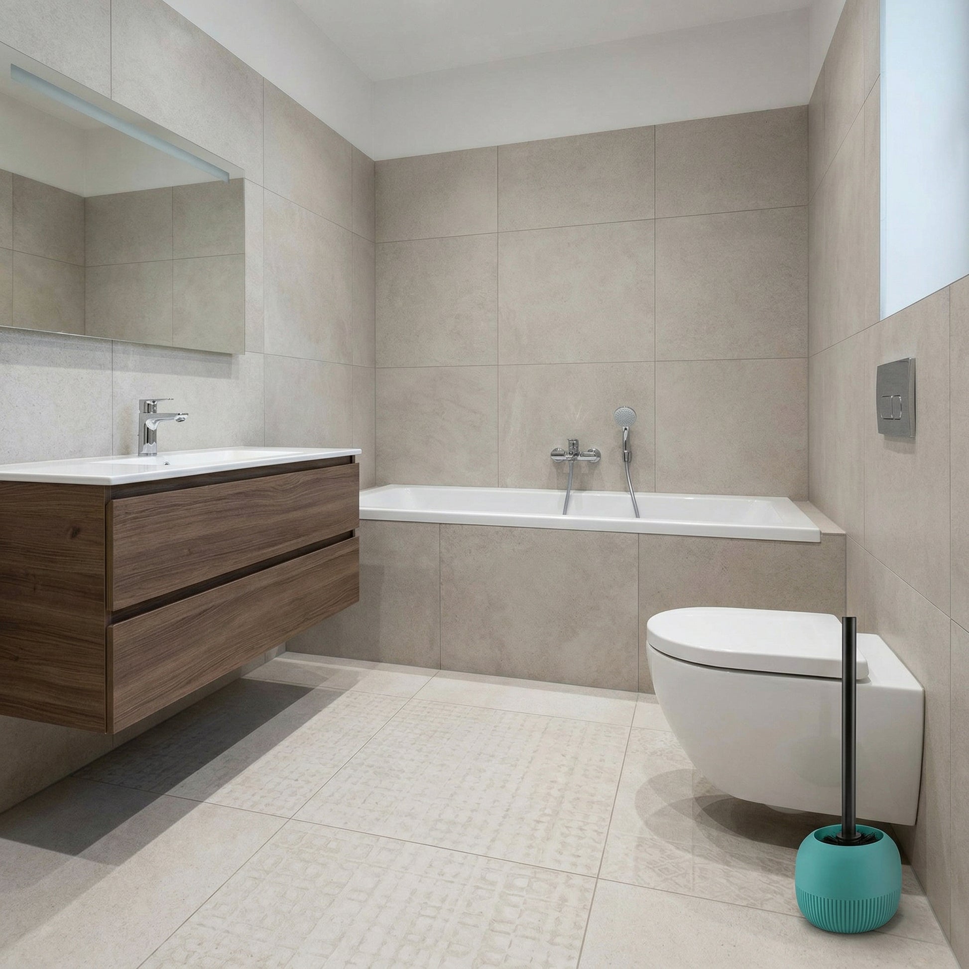 Modernes beige gefliestes Bad mit Badewanne, WC und Holzwaschtisch