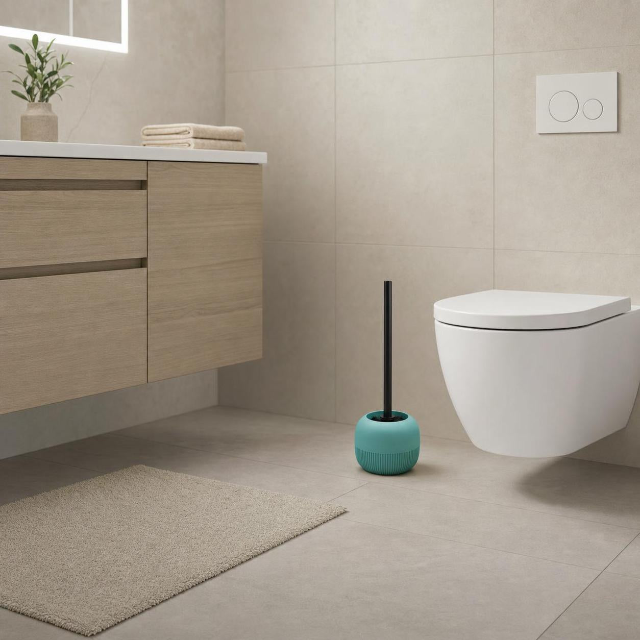 Türkise WC-Bürste mit Halter steht neben der Toilette.