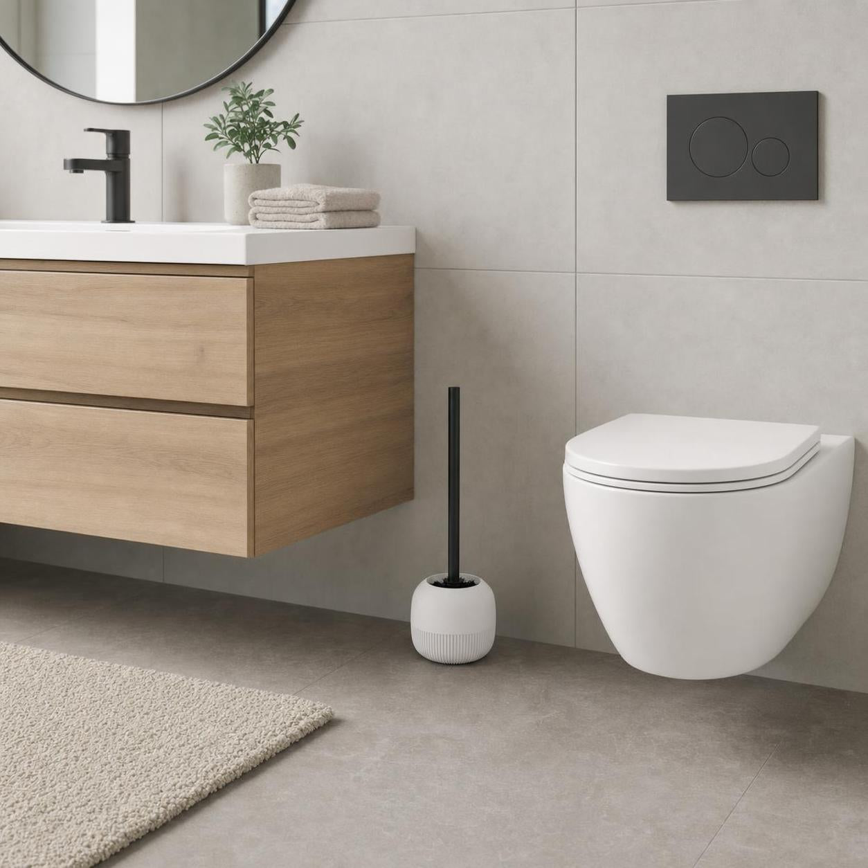 Die weiße WC-Bürste mit schwarzem Griff steht neben dem Wand-WC.