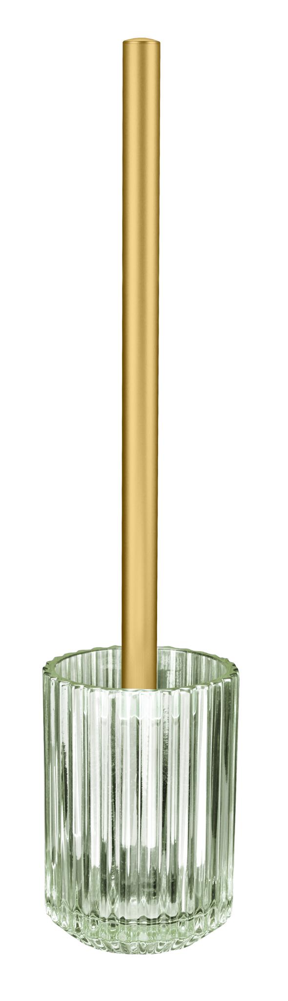 Toilettenbürste mit goldfarbenem Griff in geriffeltem Glasbehälter.