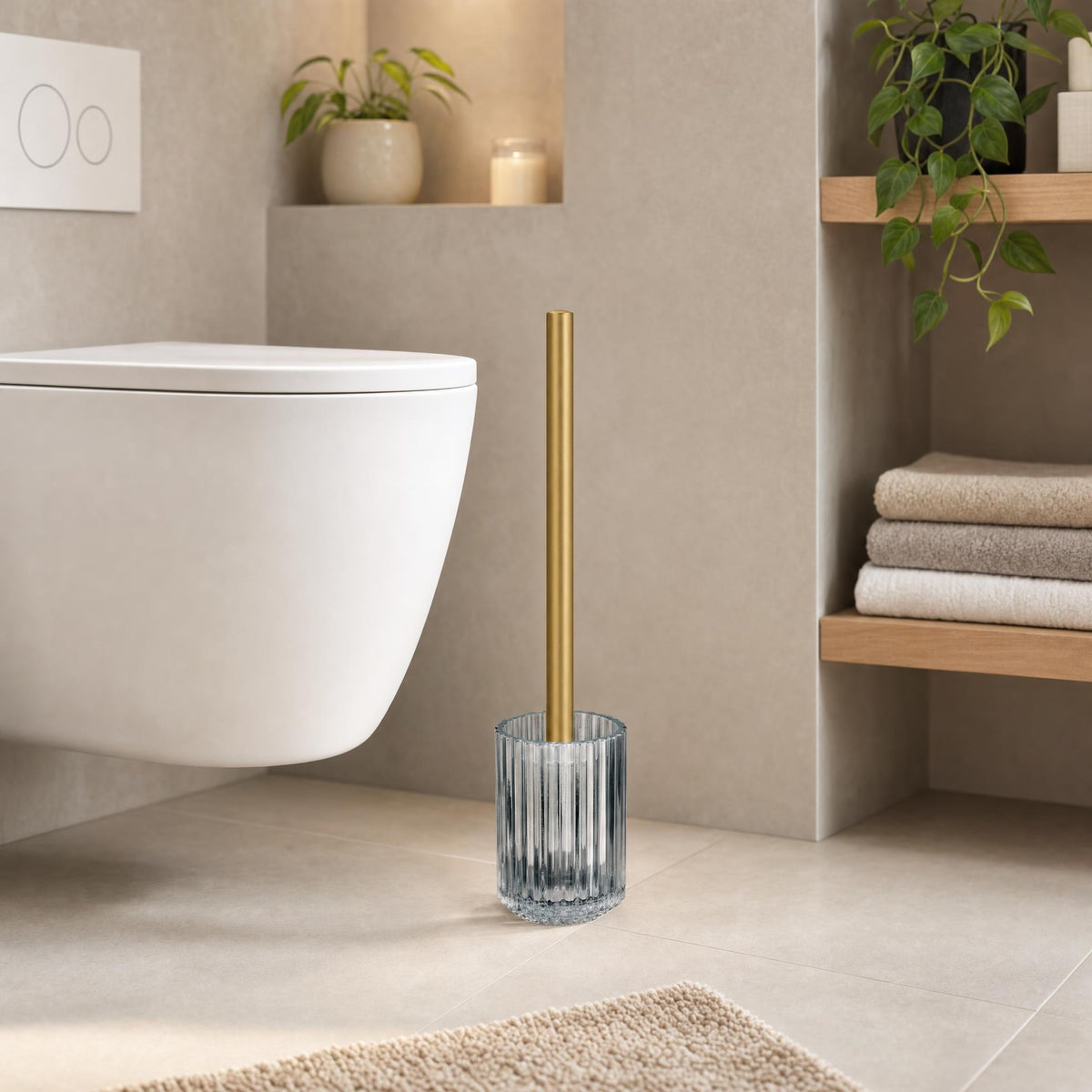 Goldene WC-Bürste im Glasbehälter vor modernem Bad mit Hänge-WC.