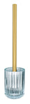 Toilettenbürste mit goldfarbenem Griff in geriffeltem Glasbehälter.